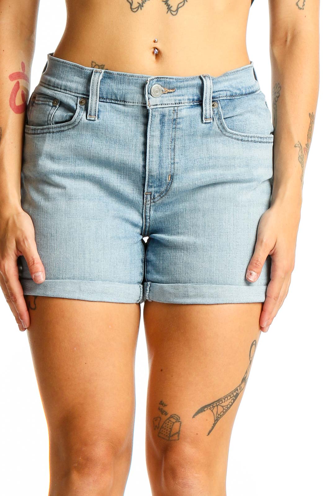 Front view of Levi's light blue denim cuffed shorts