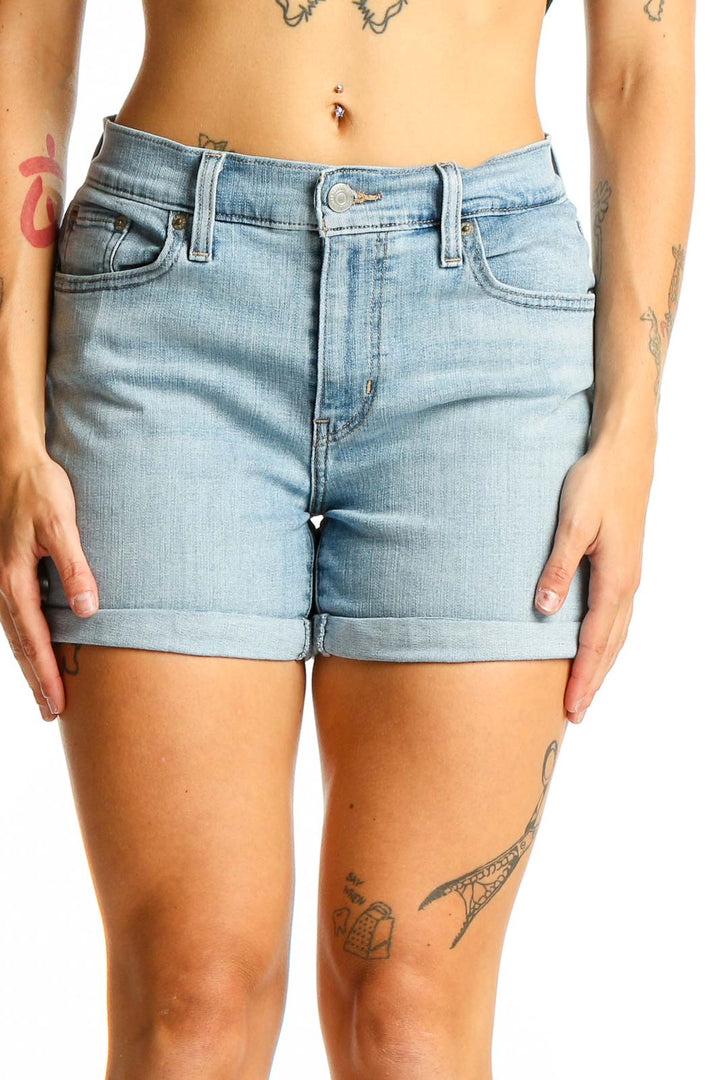 Front view of Levi's light blue denim cuffed shorts