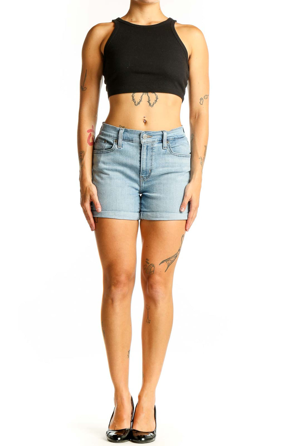 Front view of Levi's light blue denim cuffed shorts