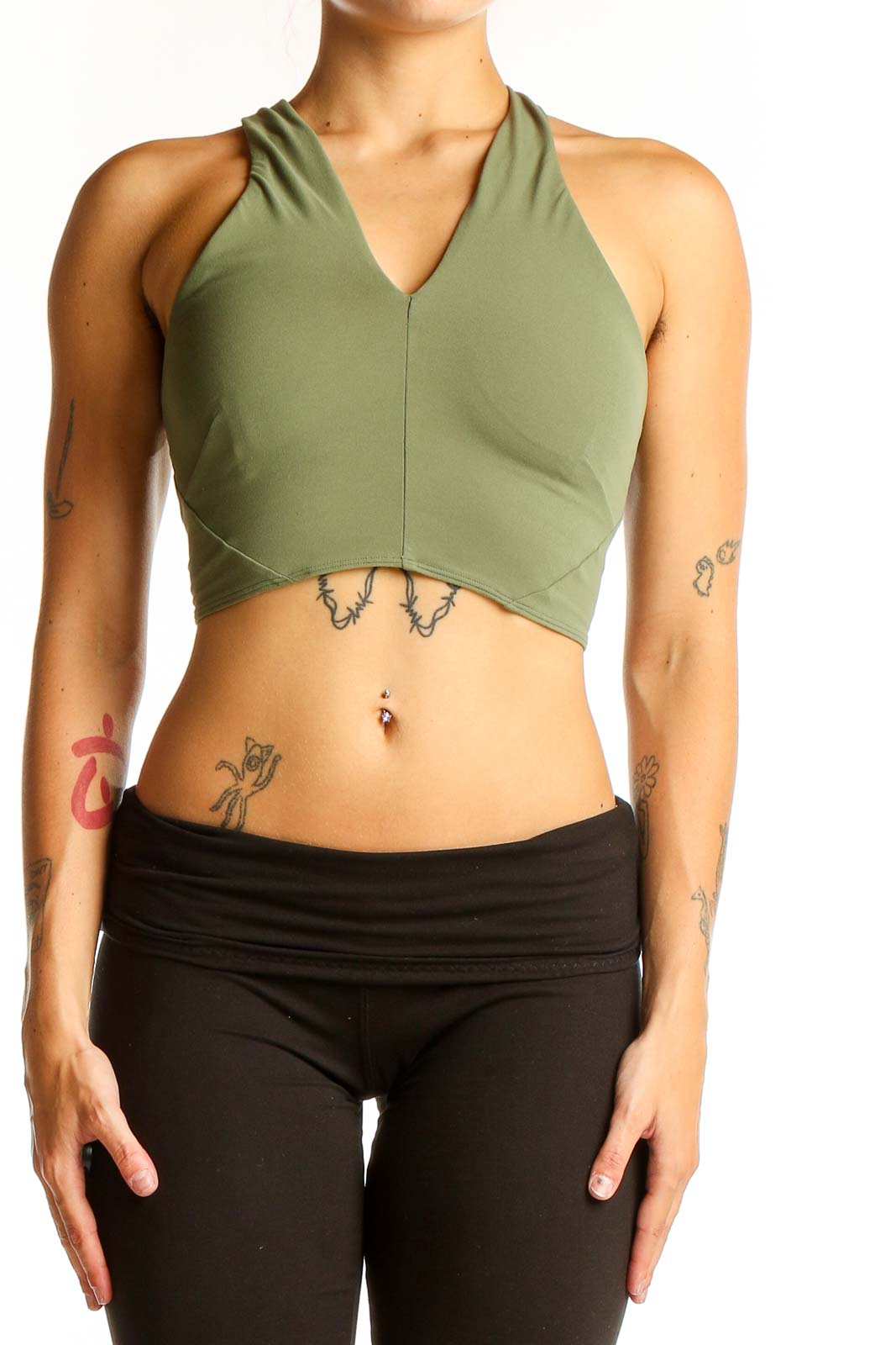 Front view of olive green Lululemon cropped halter top