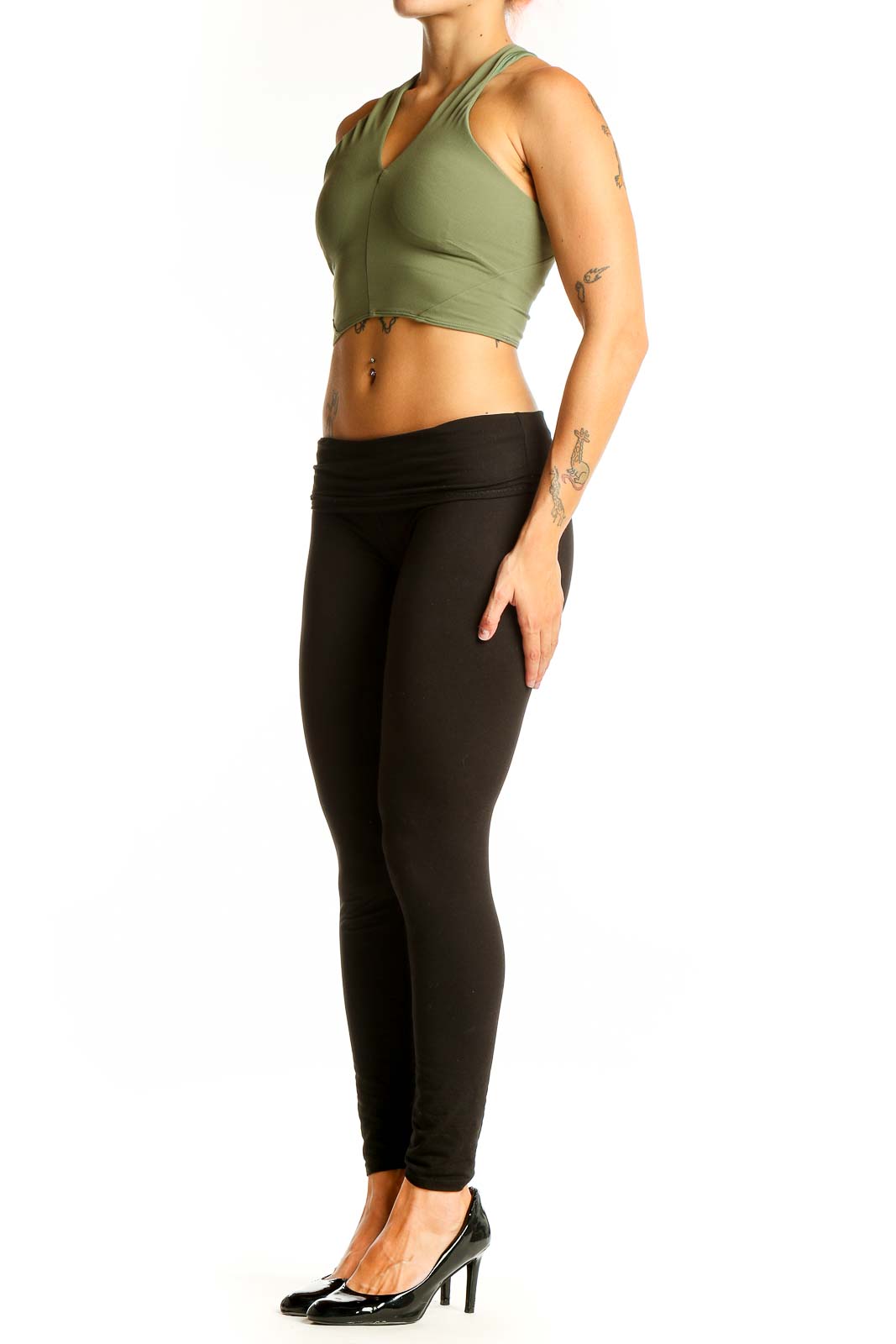 Front view of olive green Lululemon cropped halter top