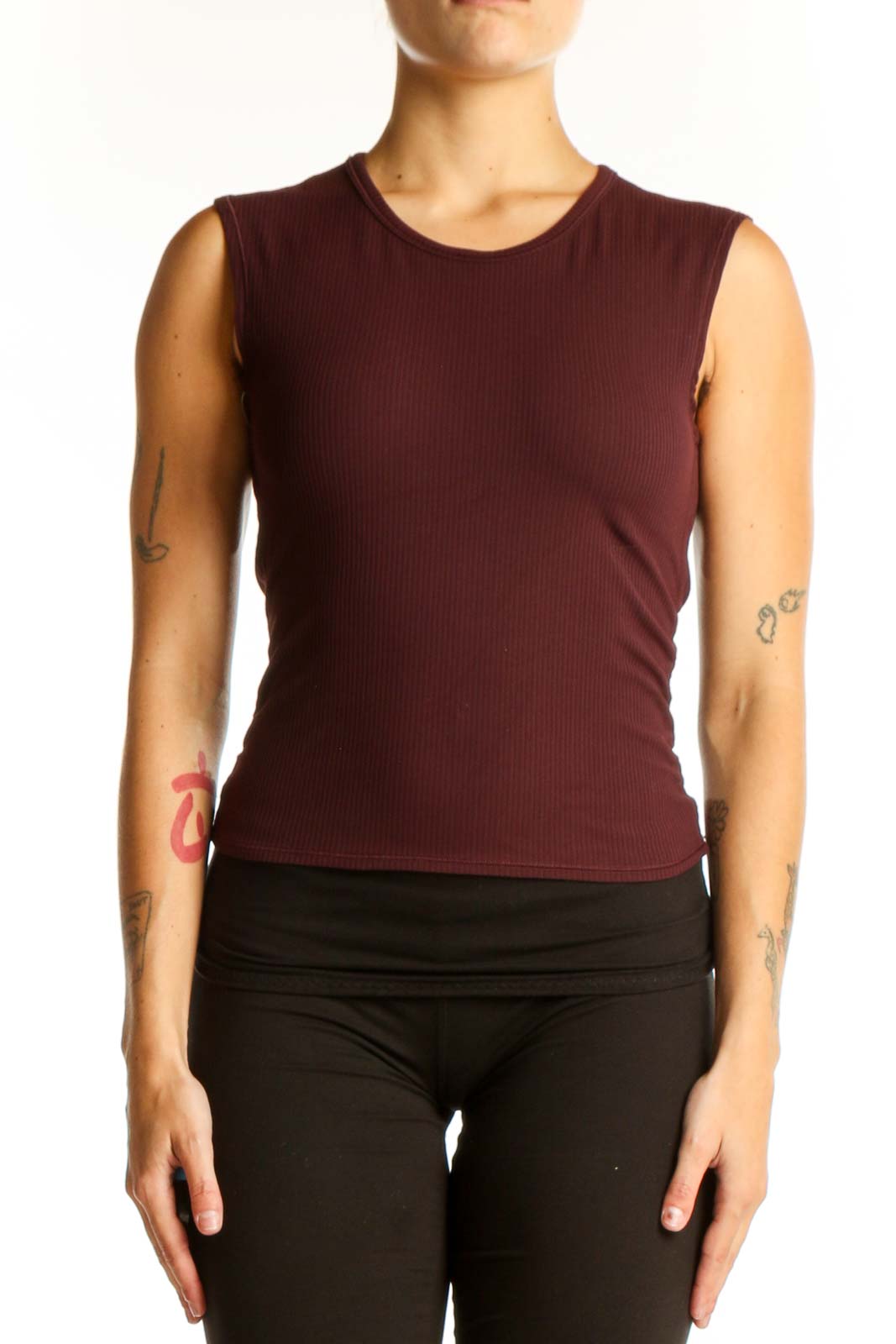 Front view of burgundy Lululemon sleeveless athletic tank top