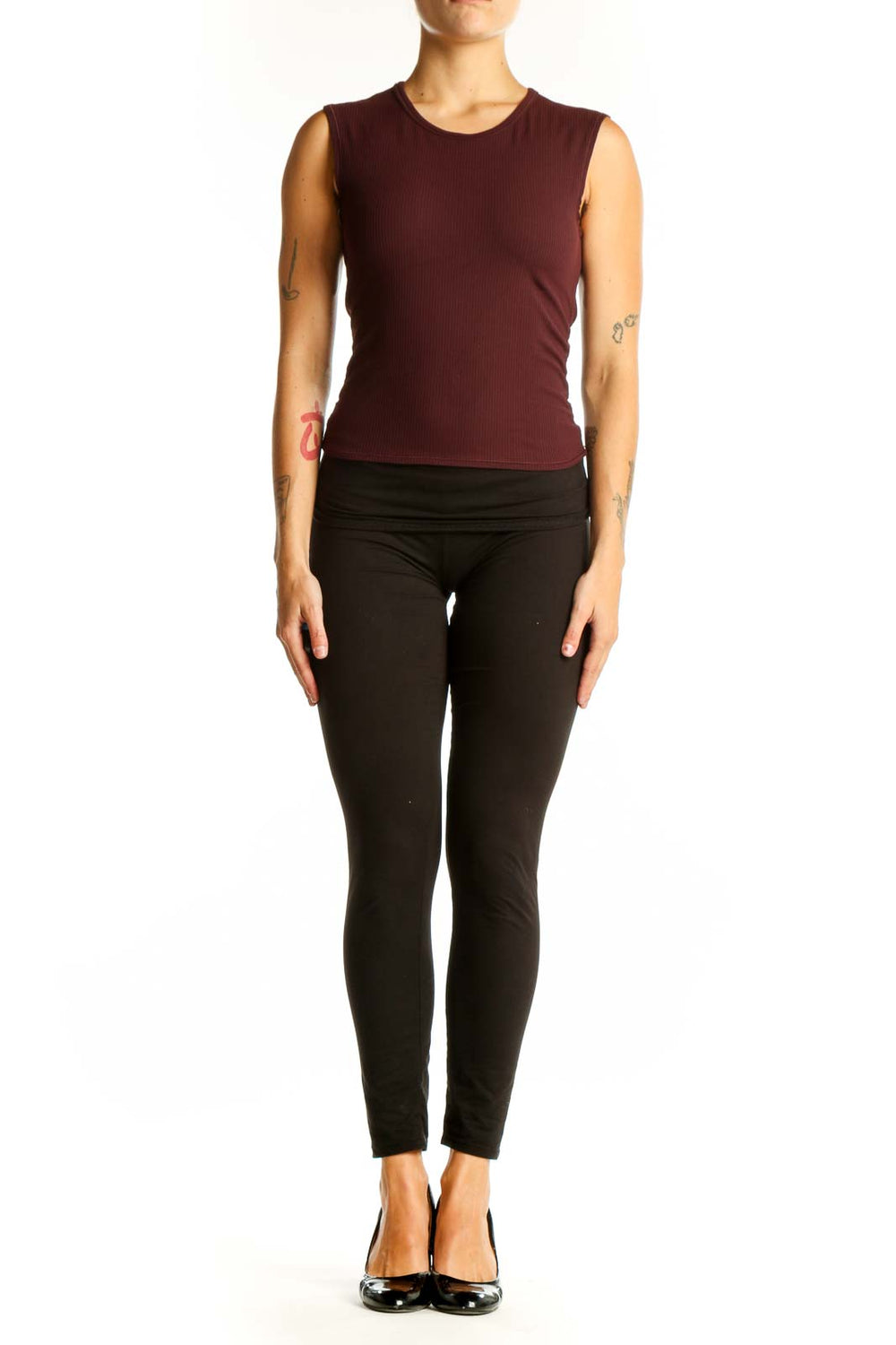 Front view of burgundy Lululemon sleeveless athletic tank top