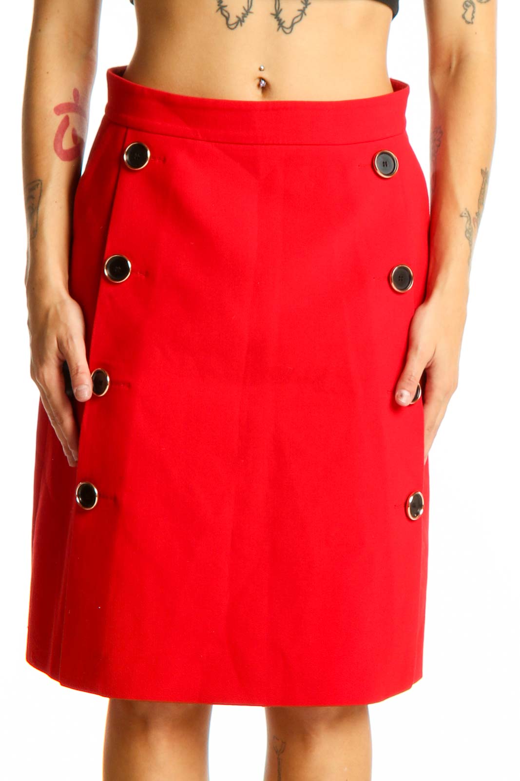 Front view of red Karen Millen A-line skirt with decorative buttons