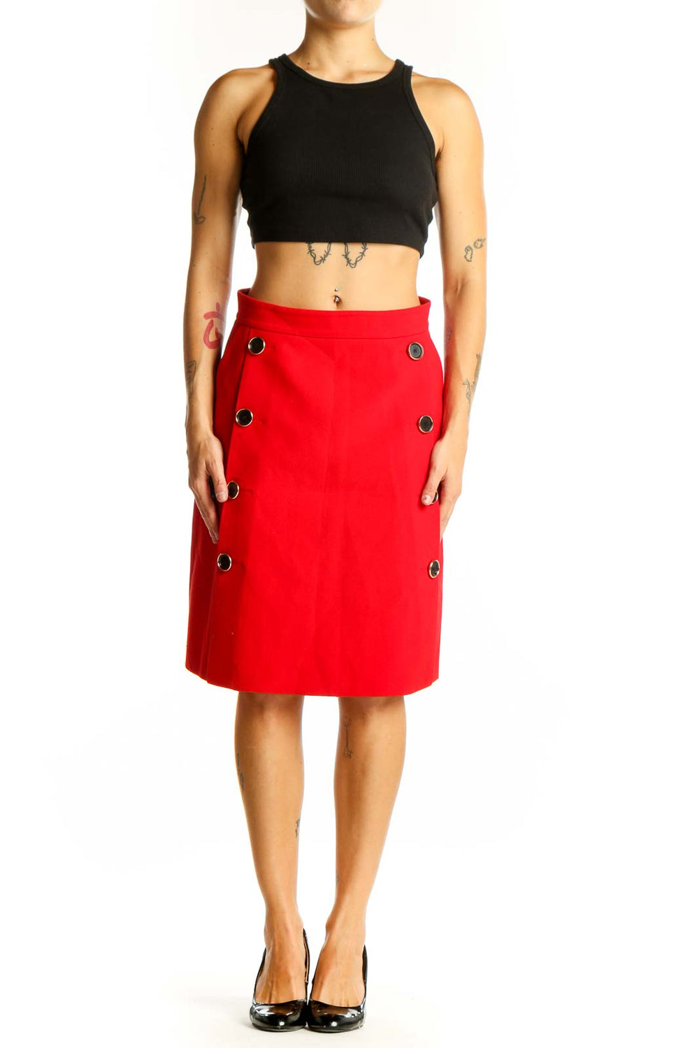 Front view of red Karen Millen A-line skirt with decorative buttons