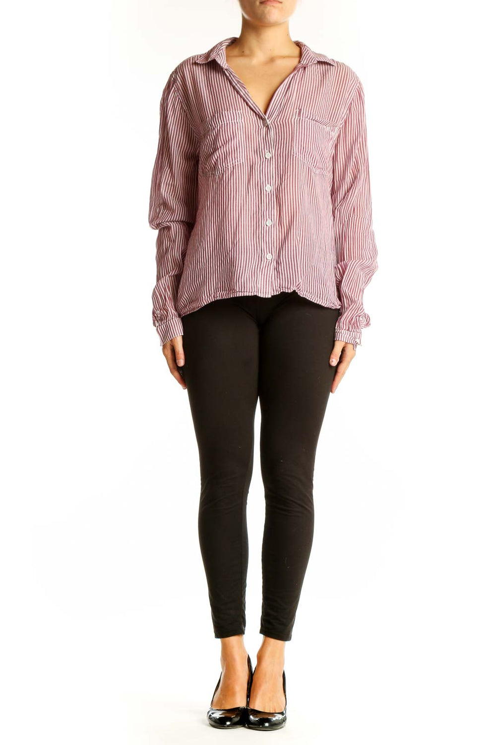 Front view of red and white striped button-down shirt by cloth & stone