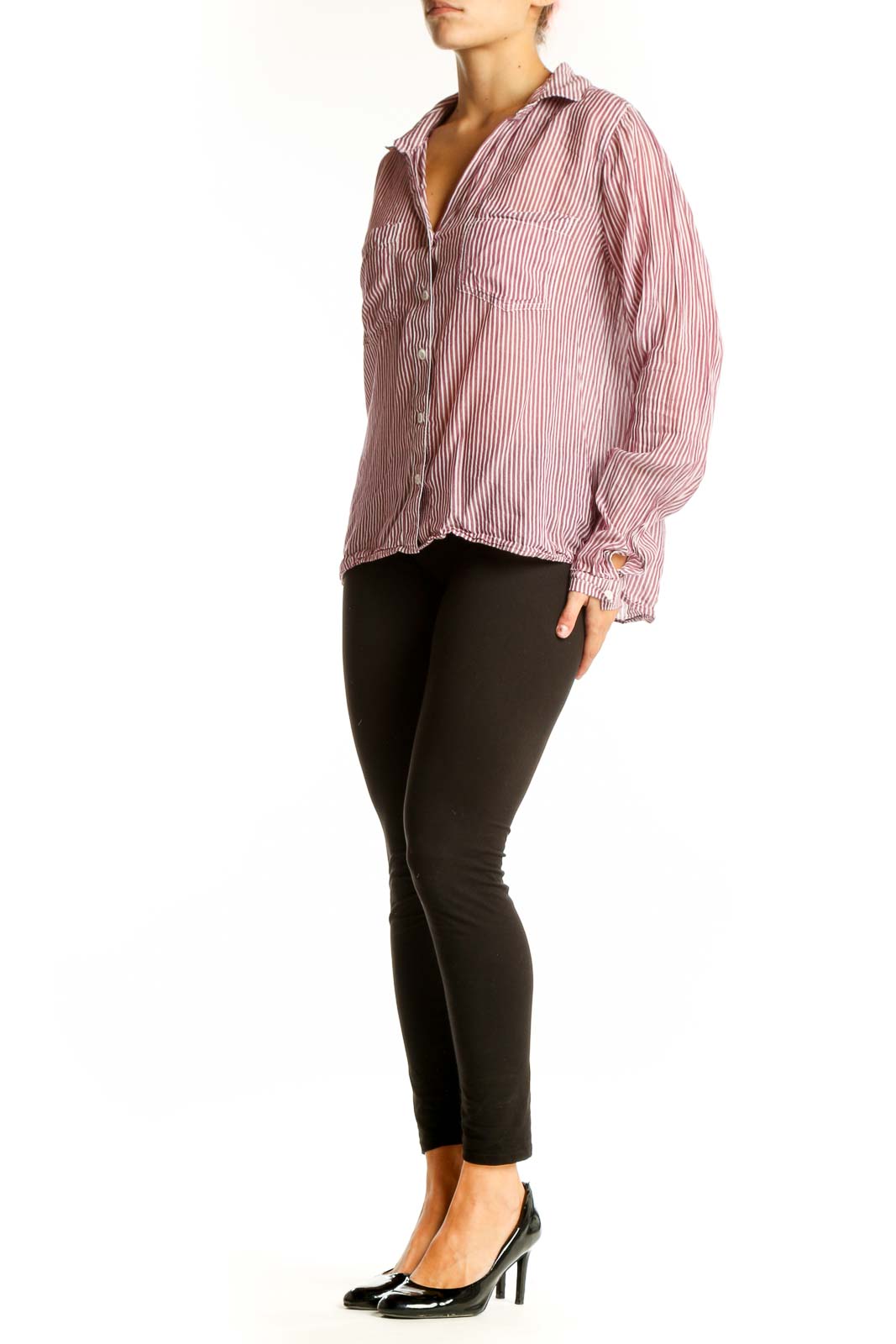 Front view of red and white striped button-down shirt by cloth & stone
