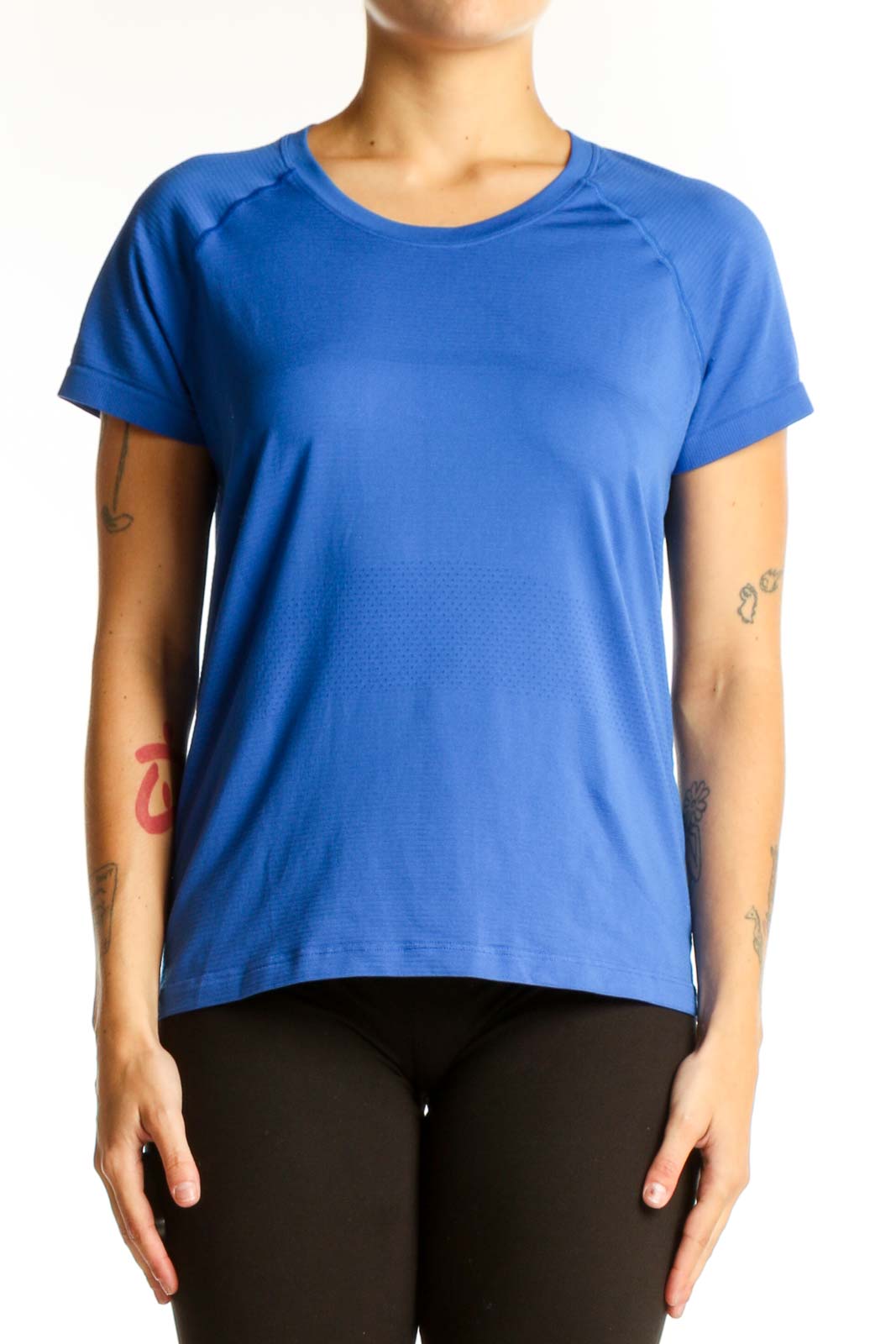 Front view of blue Lululemon athletic t-shirt with crew neck