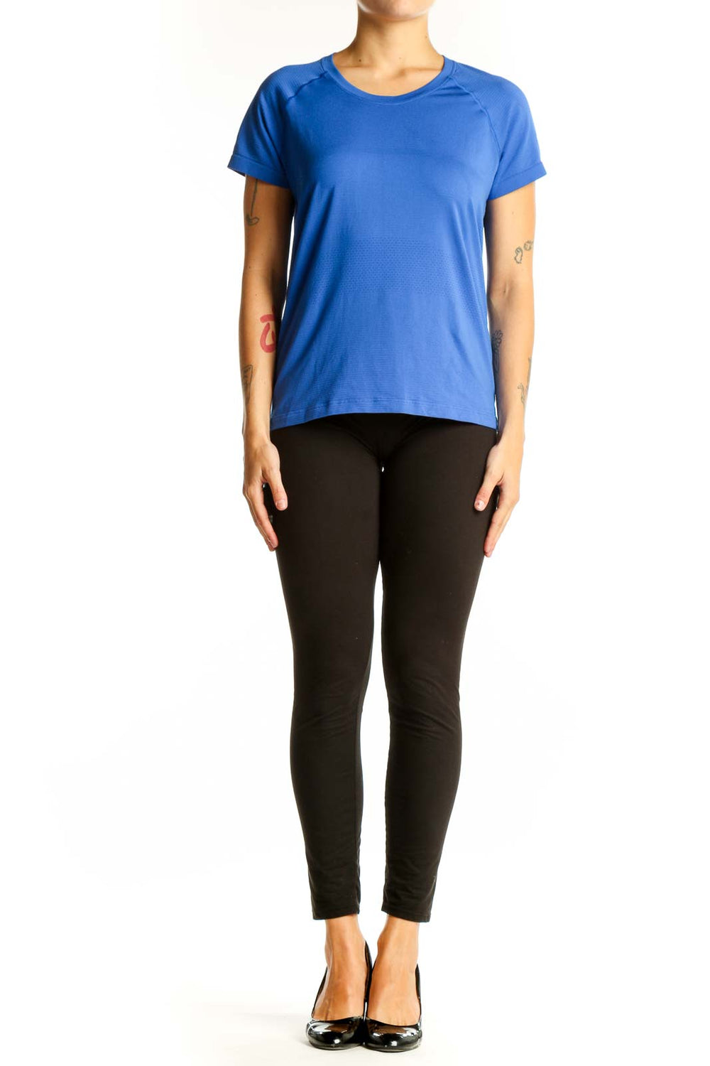 Front view of blue Lululemon athletic t-shirt with crew neck