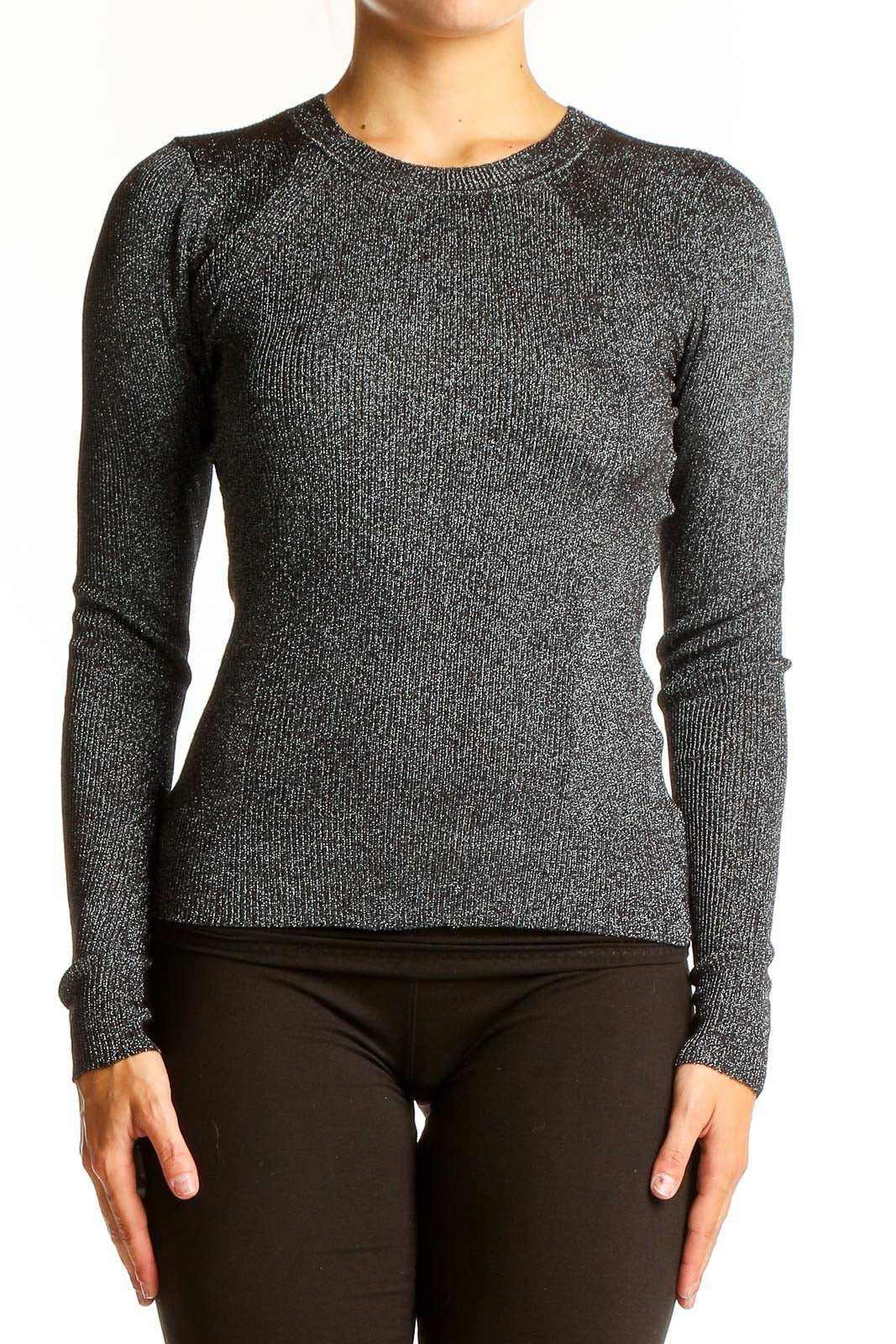 Front view of gray ribbed long sleeve fitted top from Banana Republic