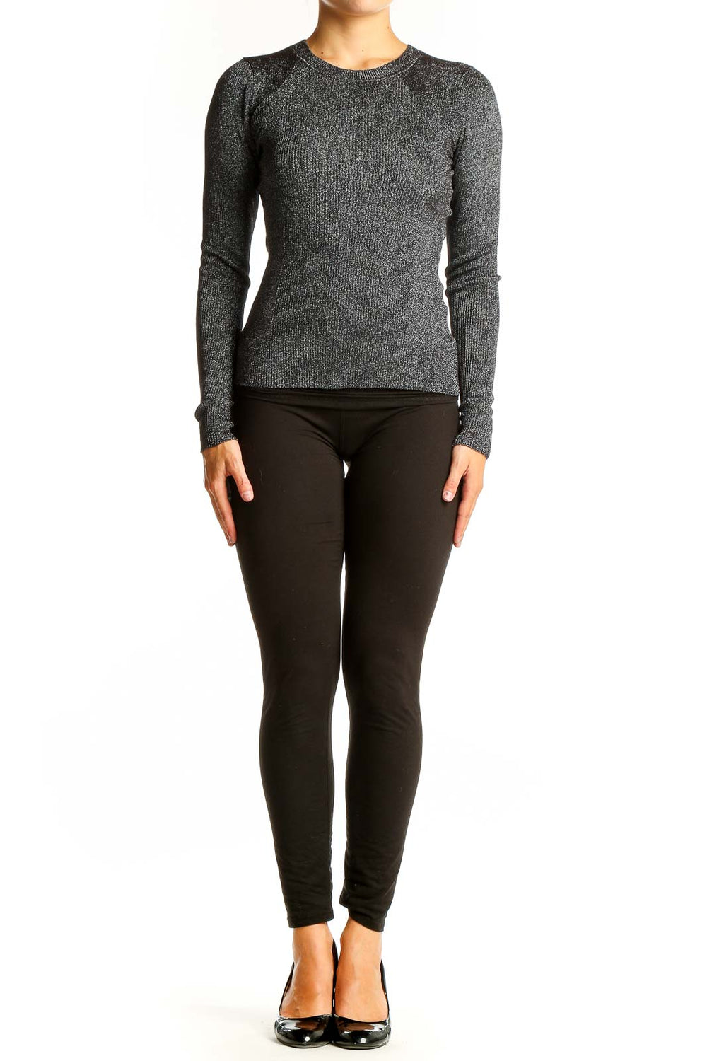 Front view of gray ribbed long sleeve fitted top from Banana Republic