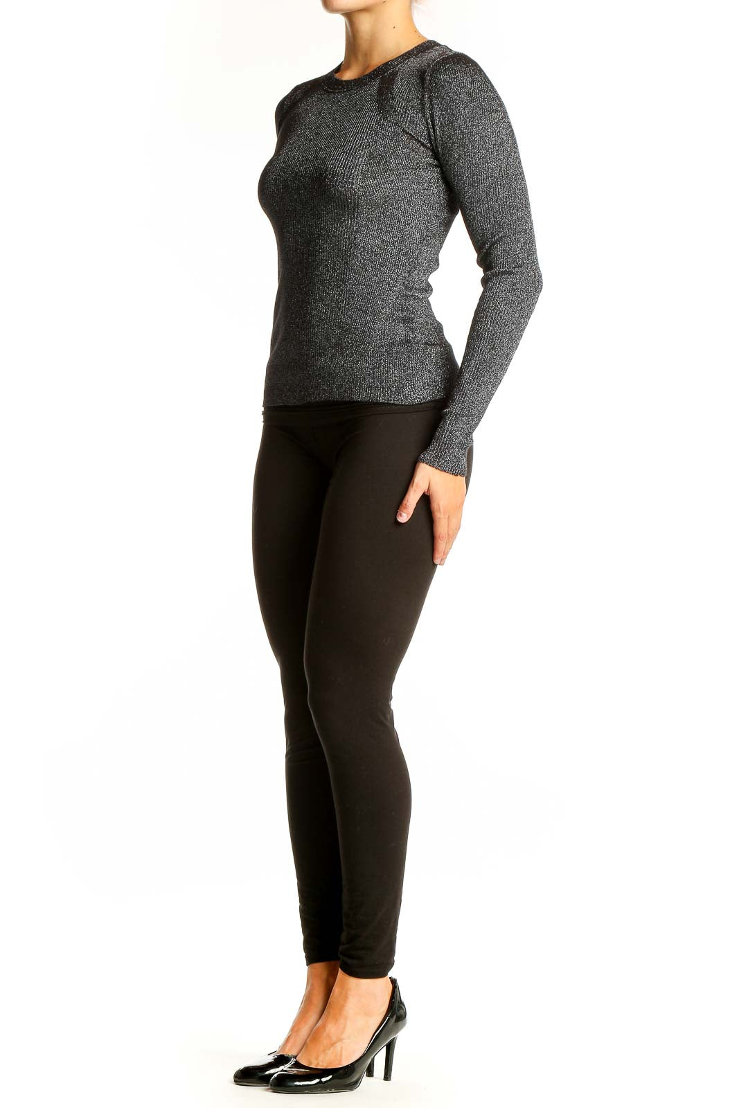 Front view of gray ribbed long sleeve fitted top from Banana Republic