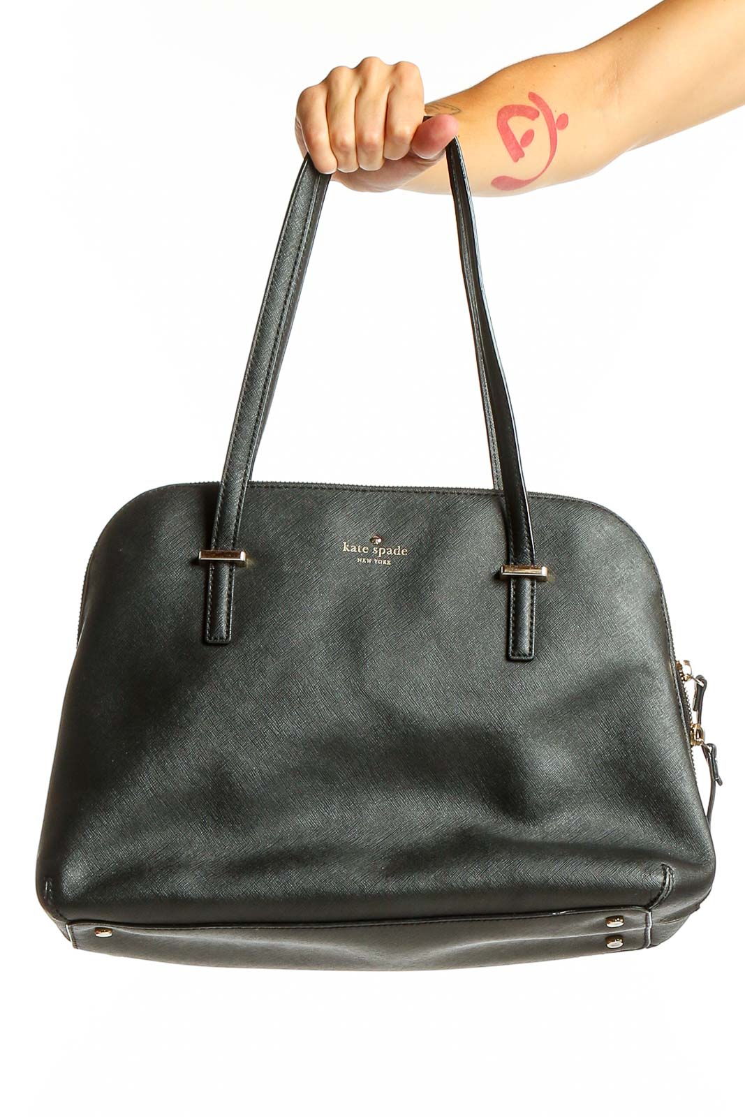 Front view of Kate Spade black leather shoulder bag