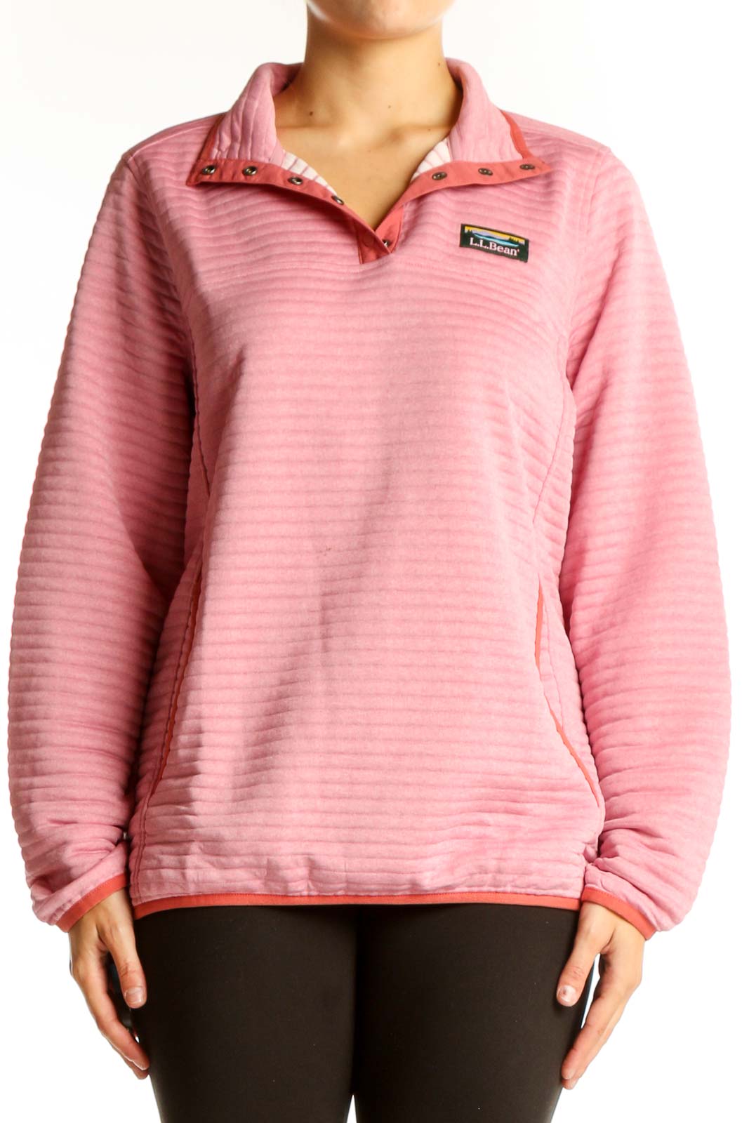 Front view of pink striped L.L.Bean polyester pullover with quarter-zip collar