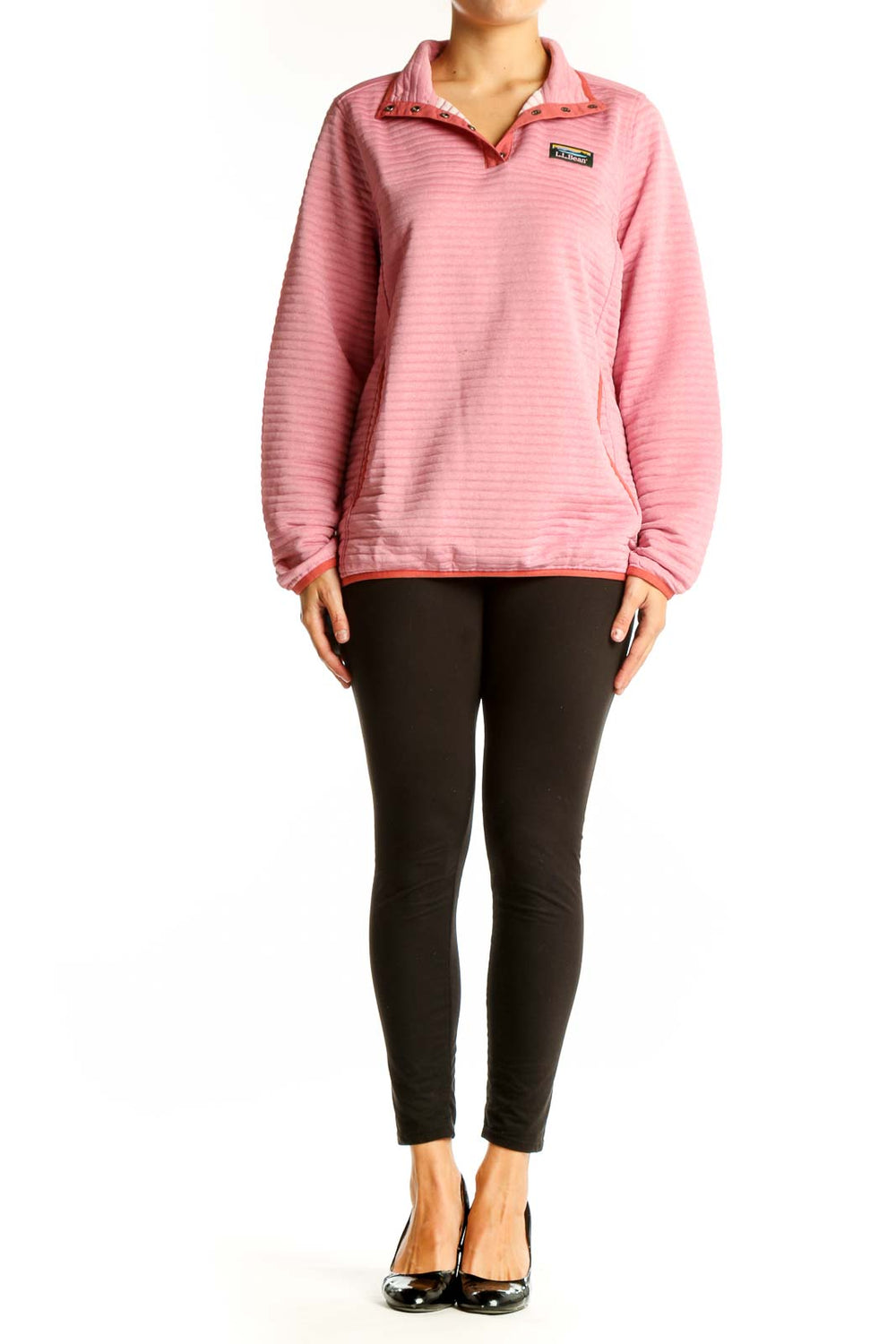 Front view of pink striped L.L.Bean polyester pullover with quarter-zip collar