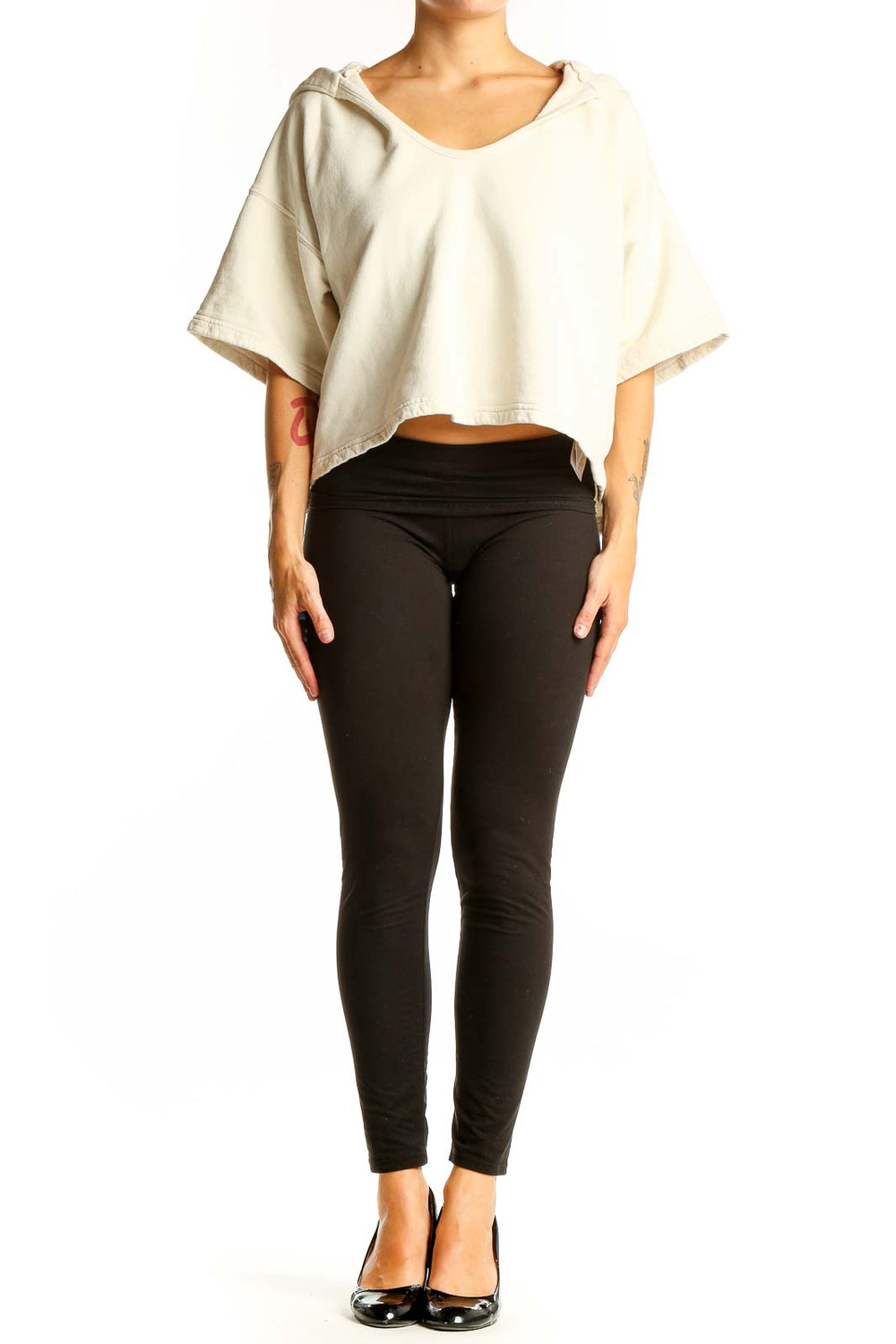 Front view of Joie cream cropped hooded cotton top with wide sleeves