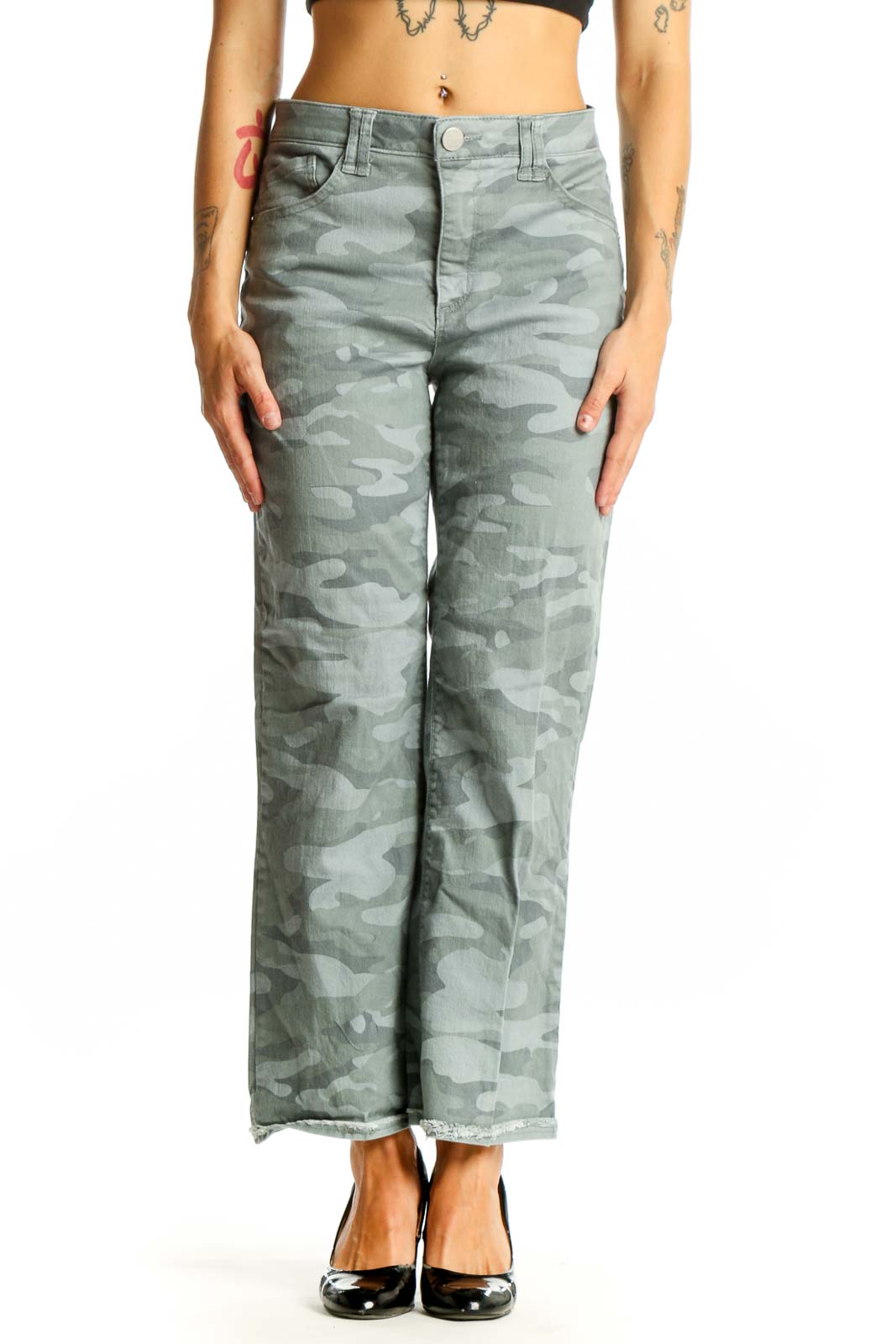 Front view of Wit & Wisdom sage green camo print wide-leg jeans
