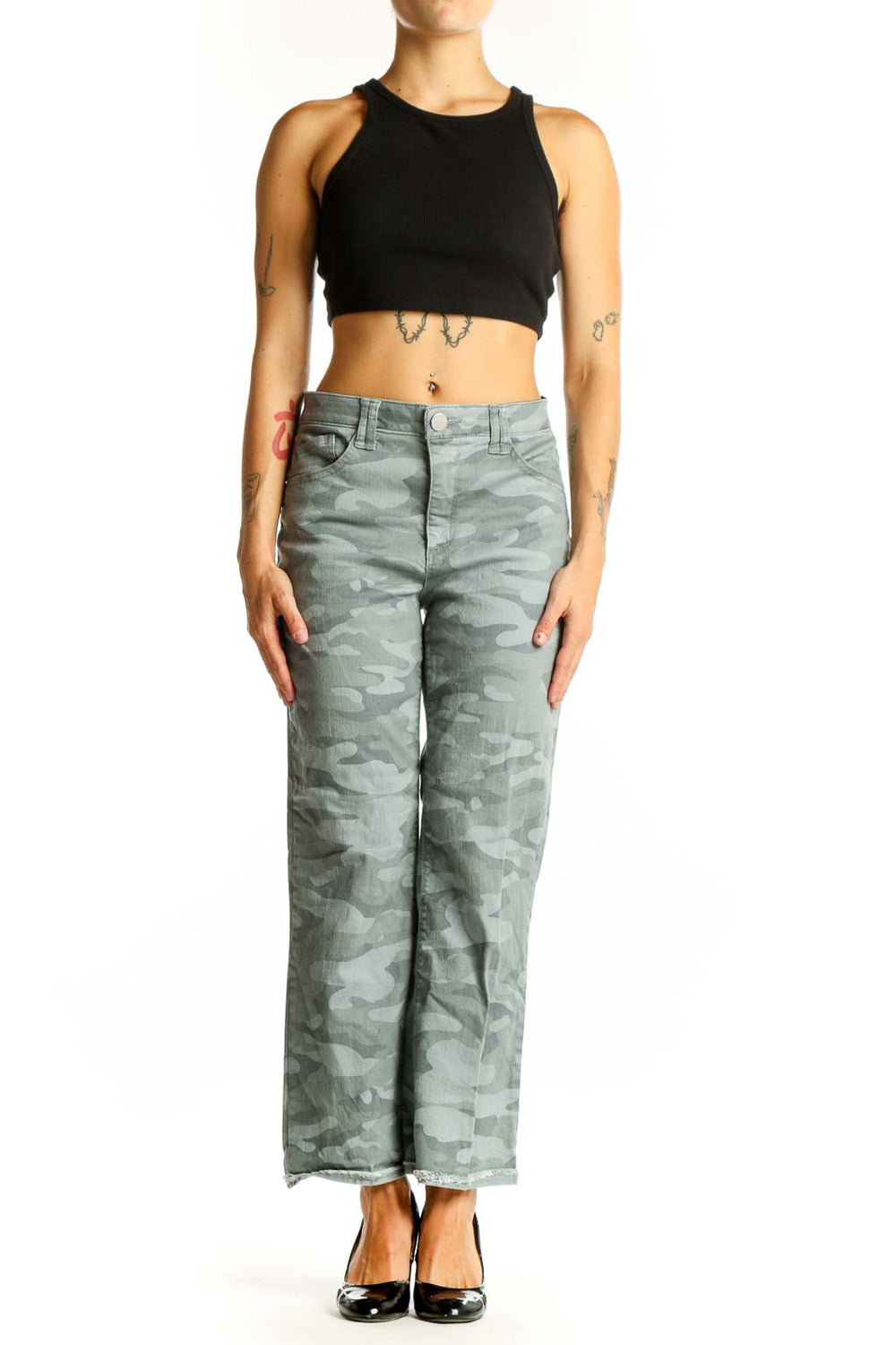 Front view of Wit & Wisdom sage green camo print wide-leg jeans