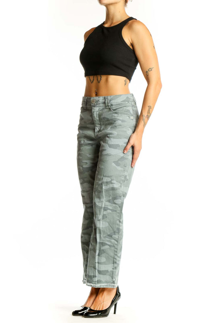 Front view of Wit & Wisdom sage green camo print wide-leg jeans