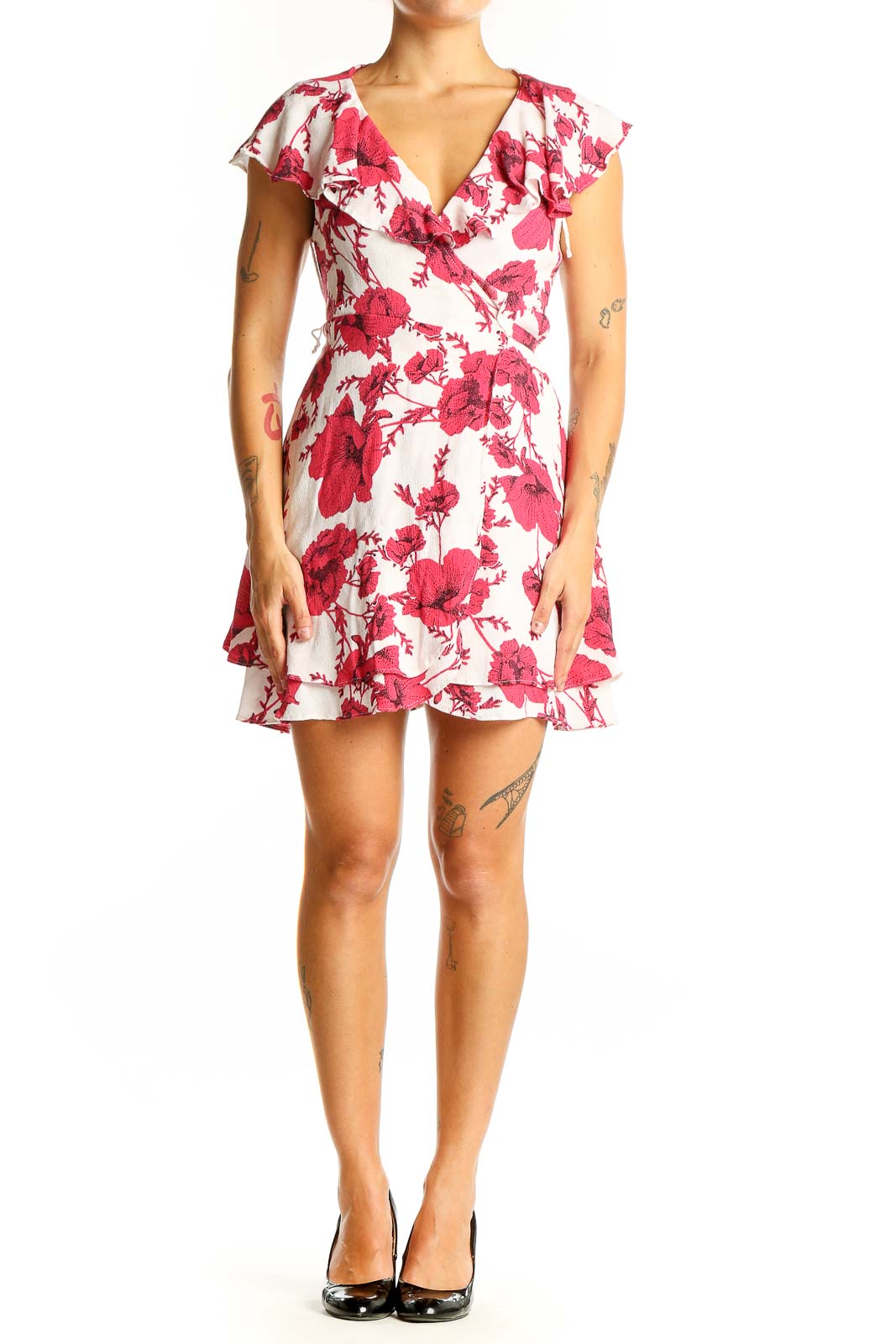 Front view of red floral wrap mini dress with V-neck and cap sleeves