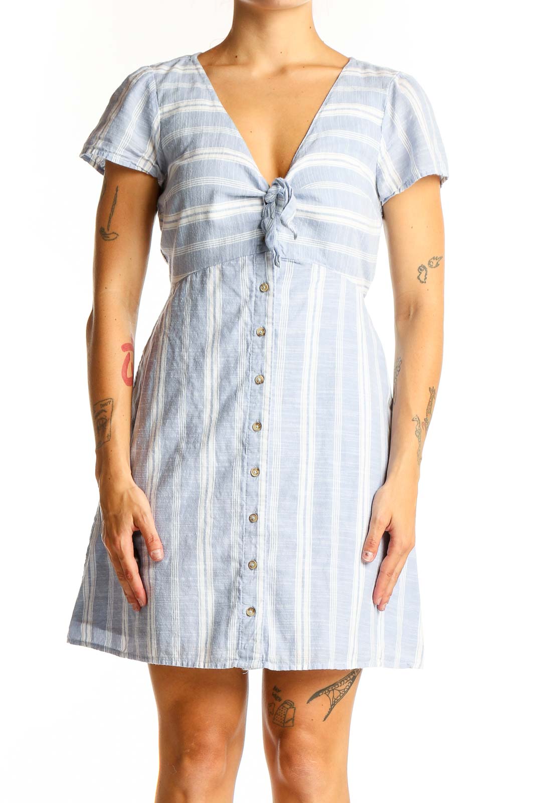 Front view of Abercrombie & Fitch light blue striped cotton dress with tie-front detail