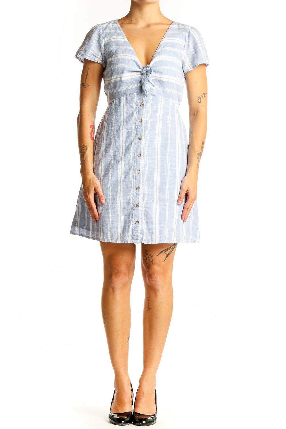 Front view of Abercrombie & Fitch light blue striped cotton dress with tie-front detail