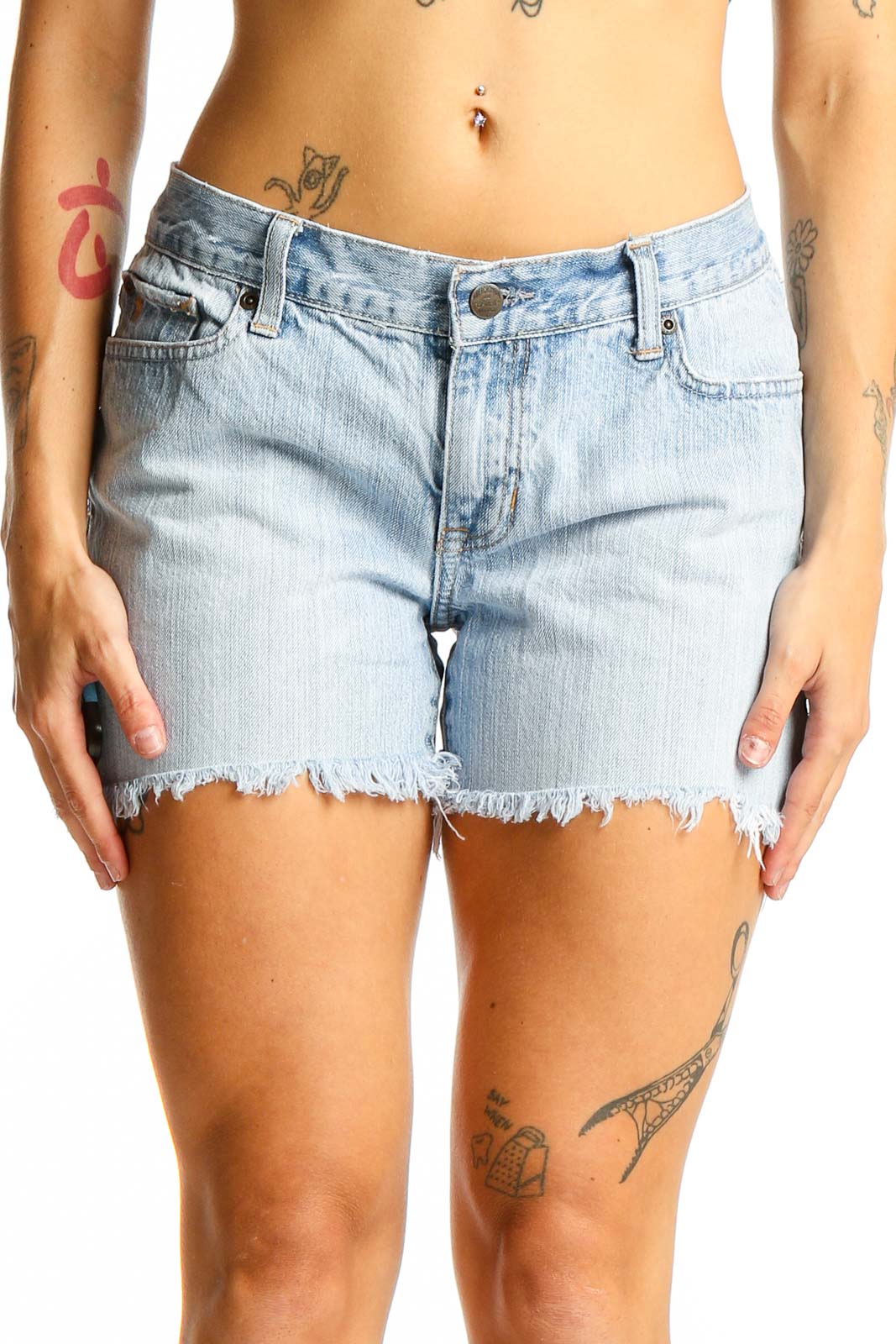Front view of light blue Abercrombie & Fitch denim shorts with frayed hem