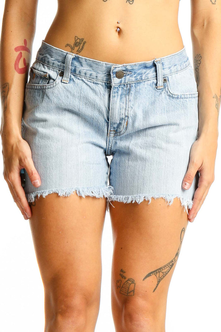 Front view of light blue Abercrombie & Fitch denim shorts with frayed hem