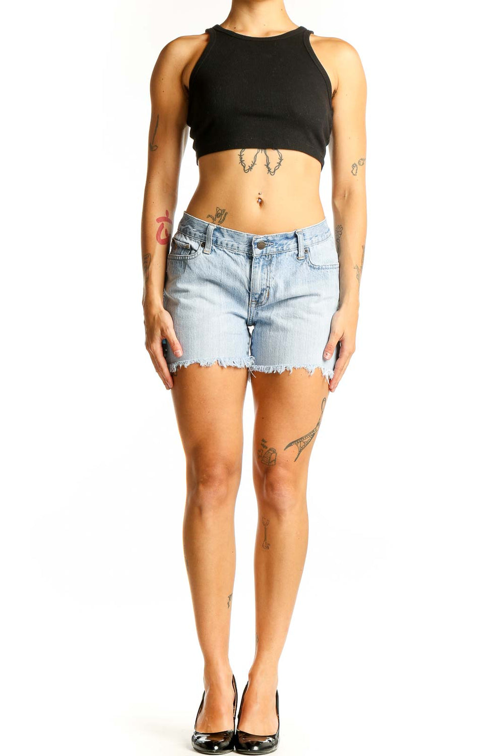 Front view of light blue Abercrombie & Fitch denim shorts with frayed hem