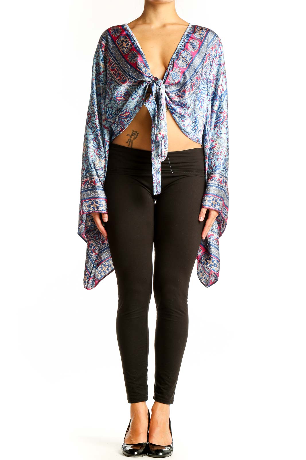 Front view of Galita Blue Floral Paisley Tie-Front Crop Top with long bell sleeves