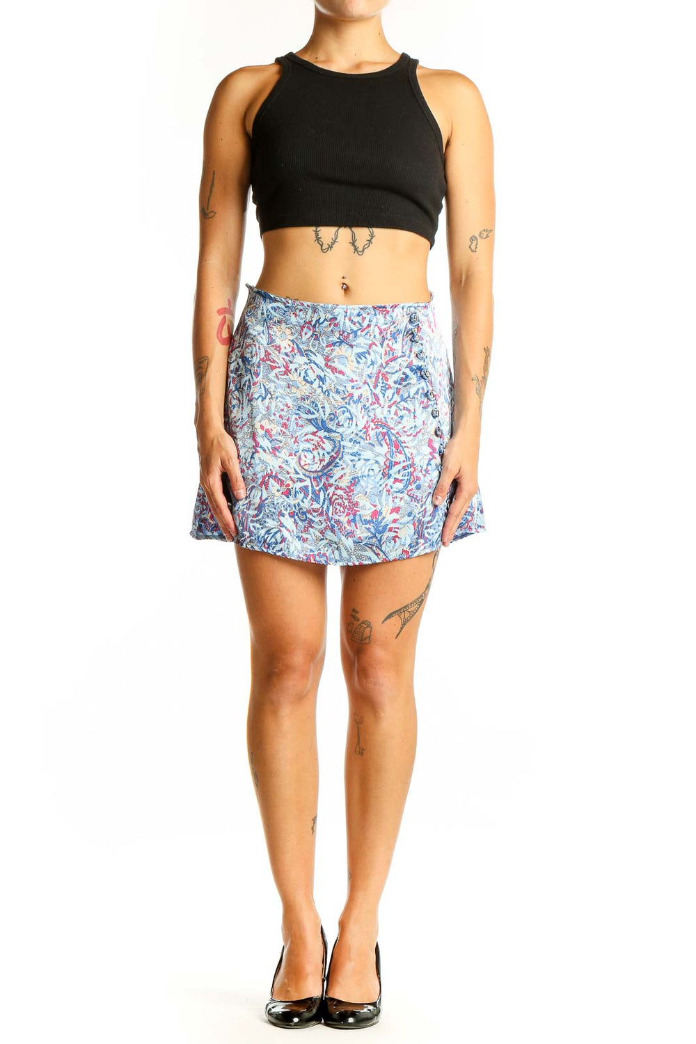 Front view of Galita blue floral print mini skirt
