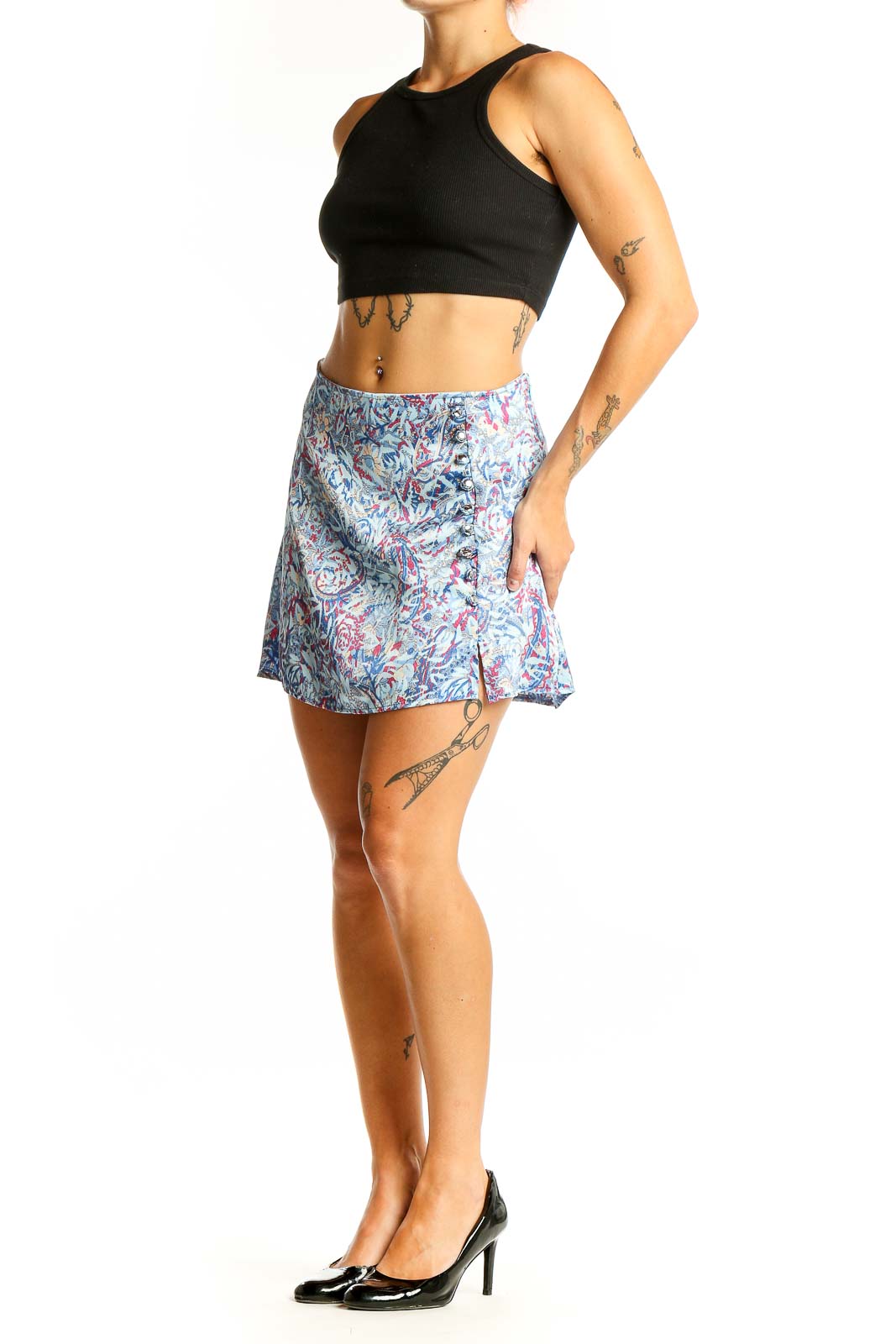 Front view of Galita blue floral print mini skirt