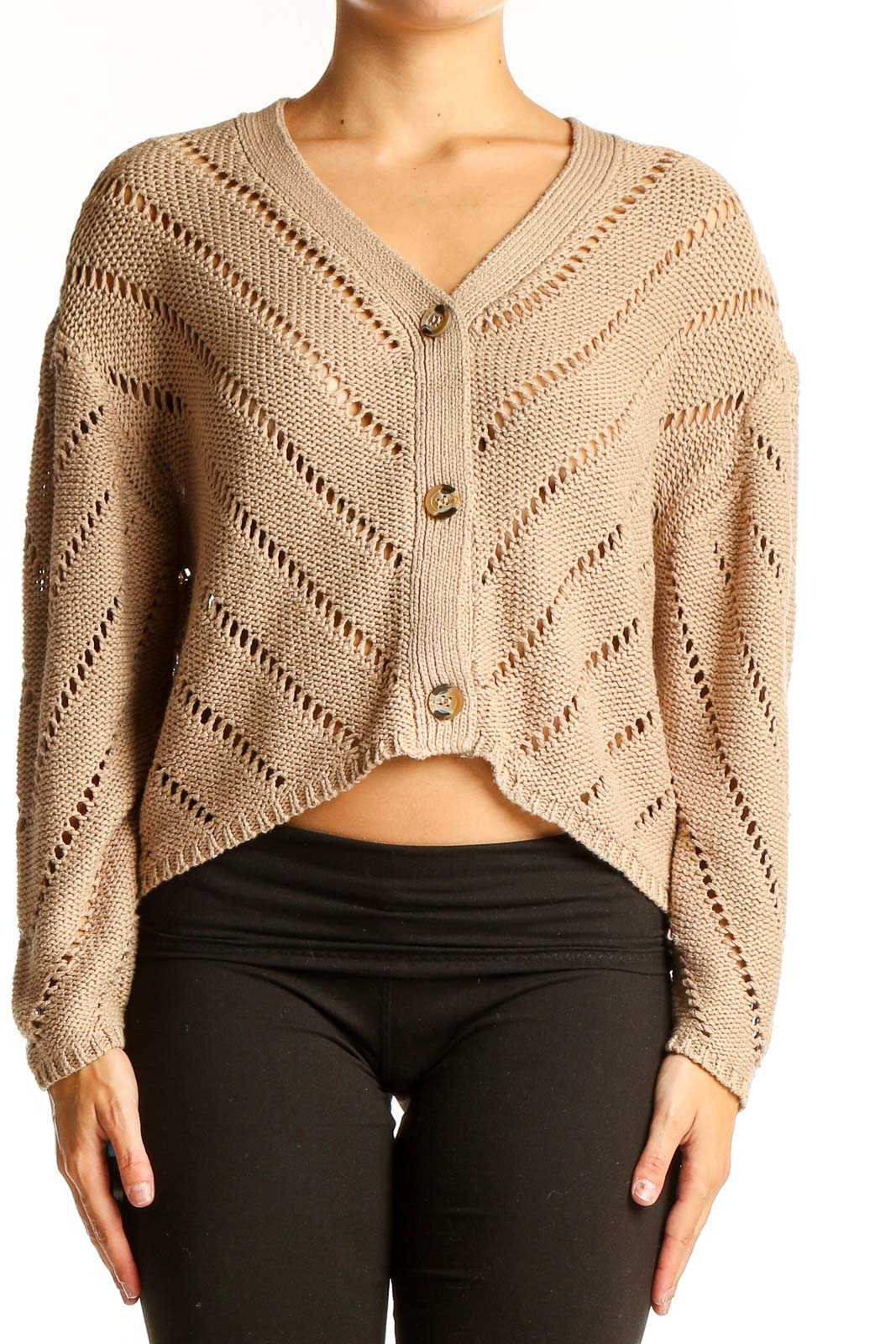 Front view of RD Style beige cropped cardigan with pointelle pattern