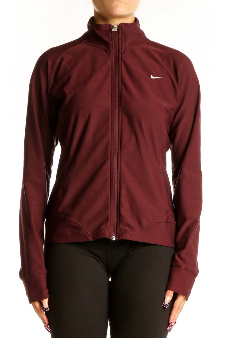 Front view of maroon Nike full-zip athletic jacket