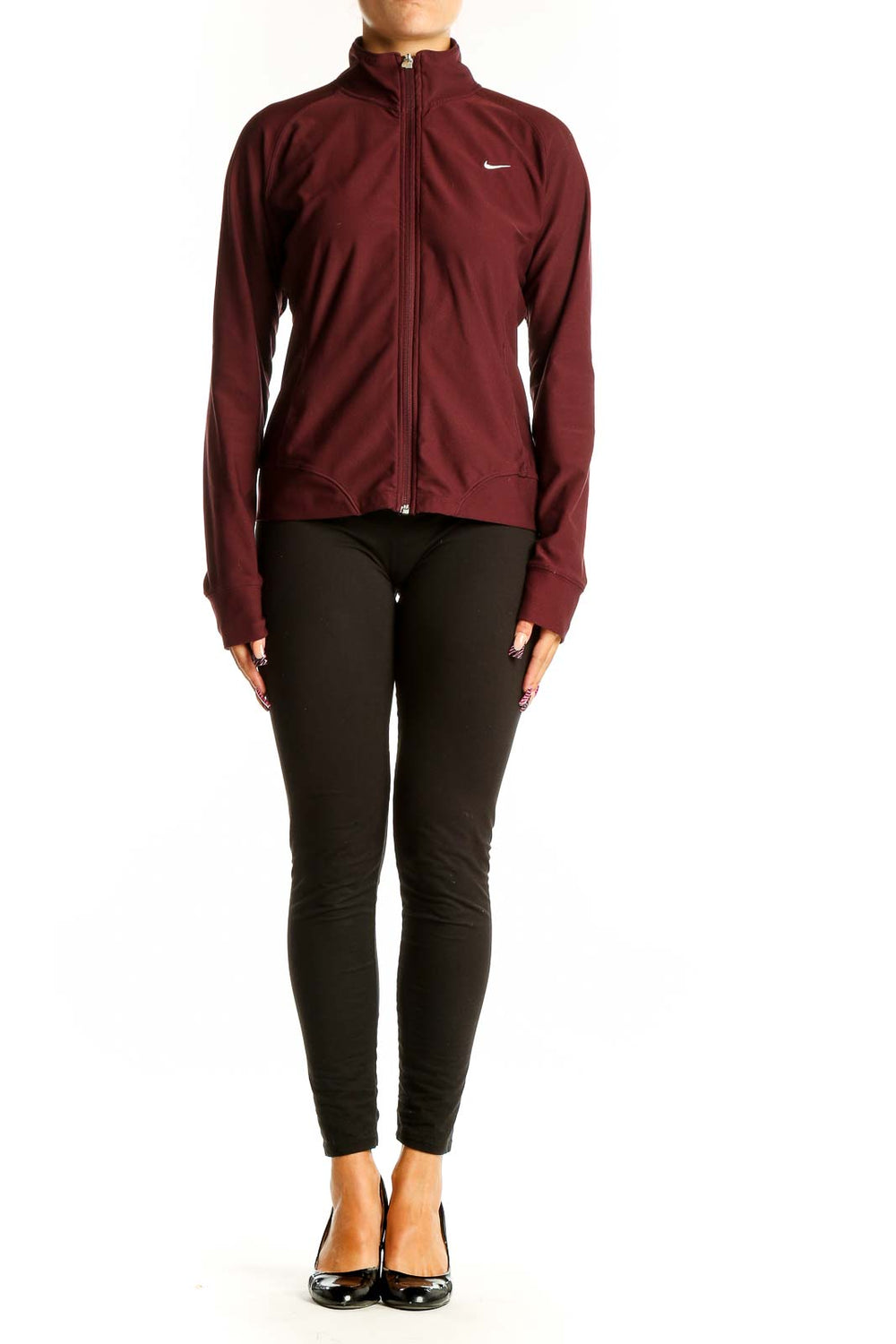 Front view of maroon Nike full-zip athletic jacket