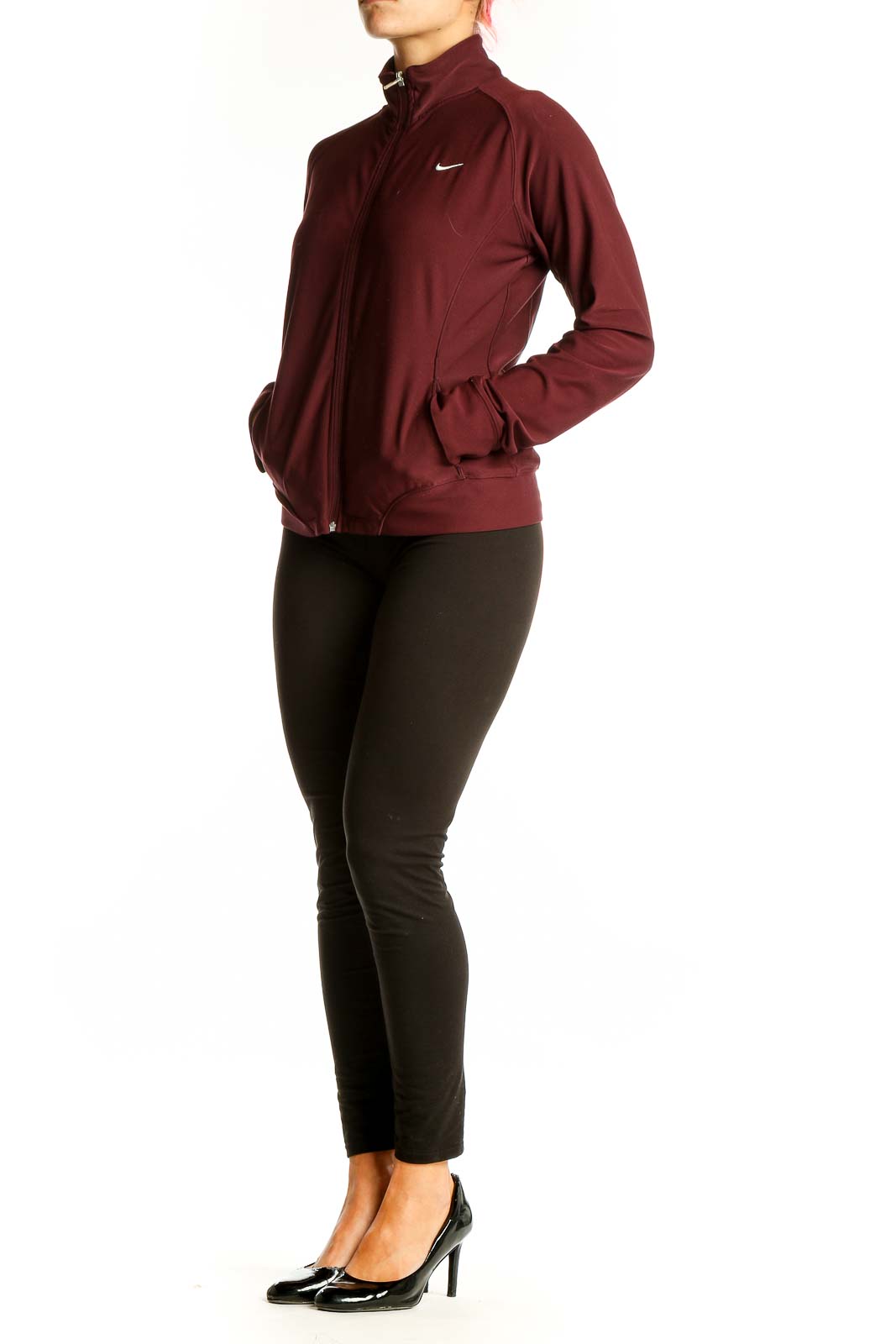 Front view of maroon Nike full-zip athletic jacket