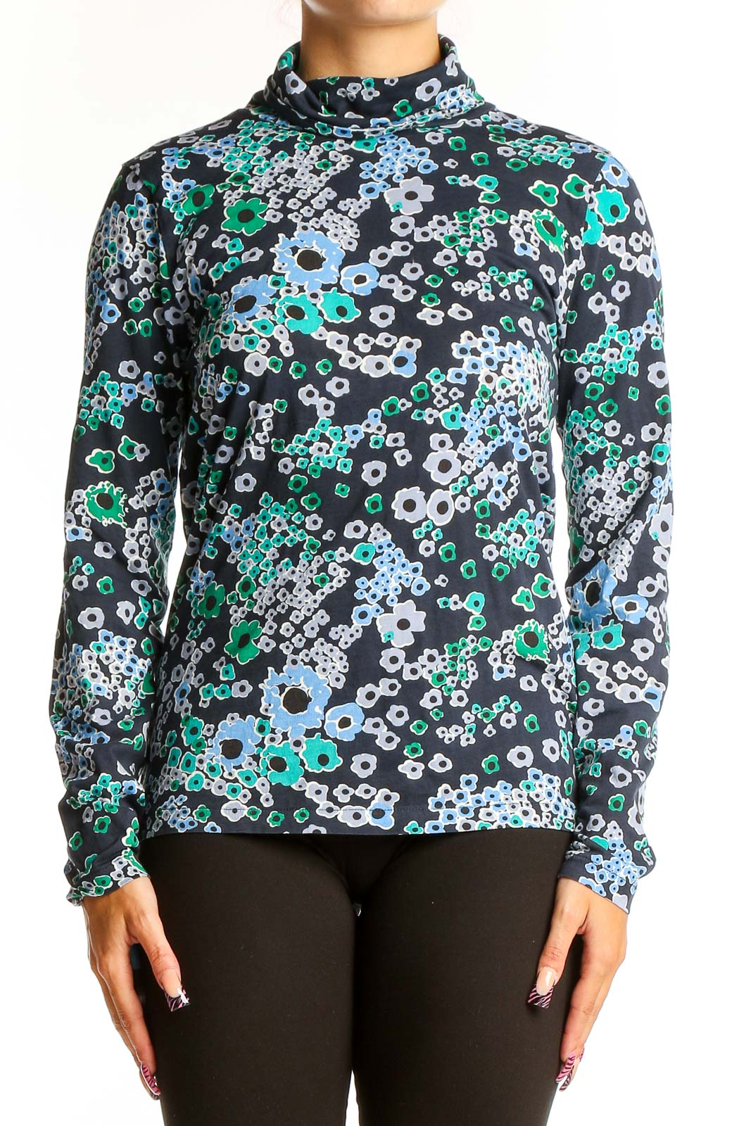 Front view of J.Crew floral print turtleneck top in blue and green