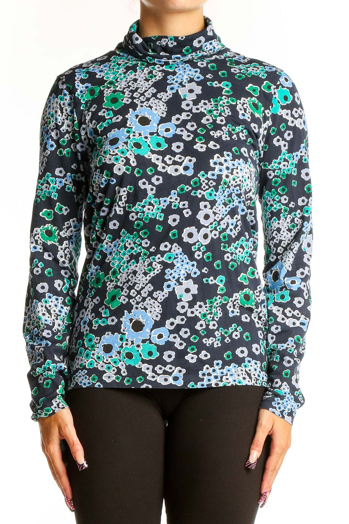 Front view of J.Crew floral print turtleneck top in blue and green