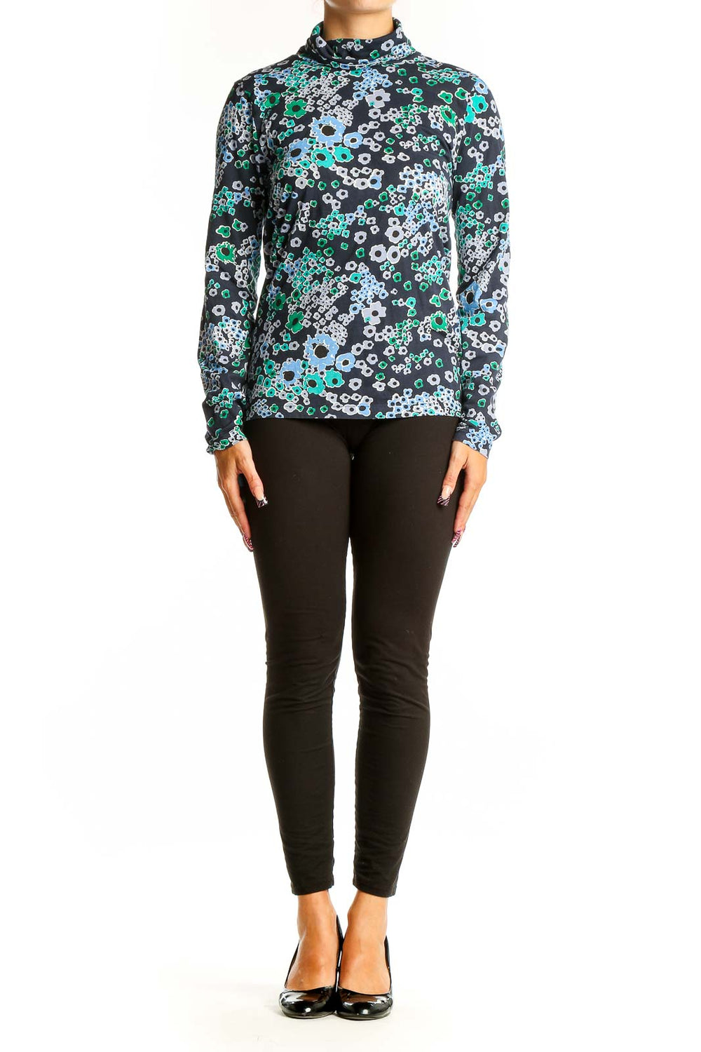 Front view of J.Crew floral print turtleneck top in blue and green
