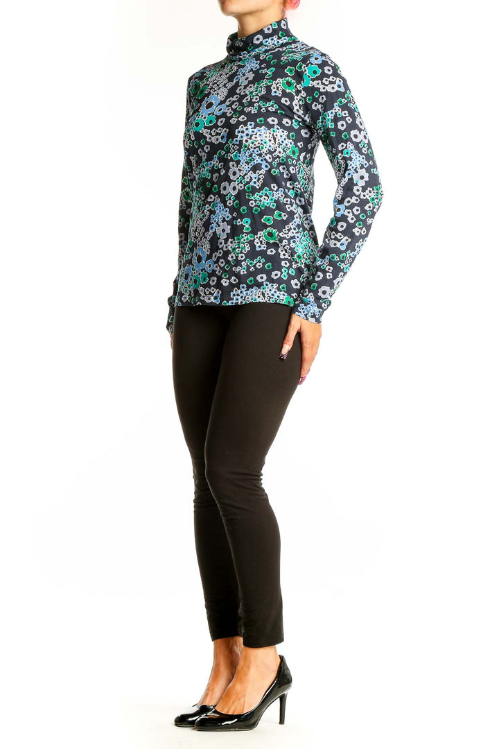 Front view of J.Crew floral print turtleneck top in blue and green