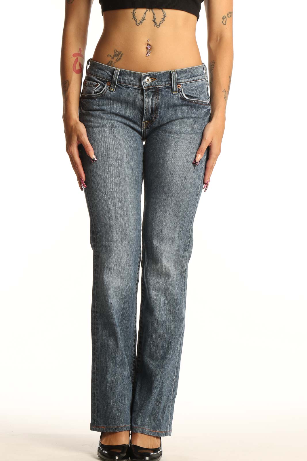 Front view of Lucky Brand blue denim bootcut jeans on model