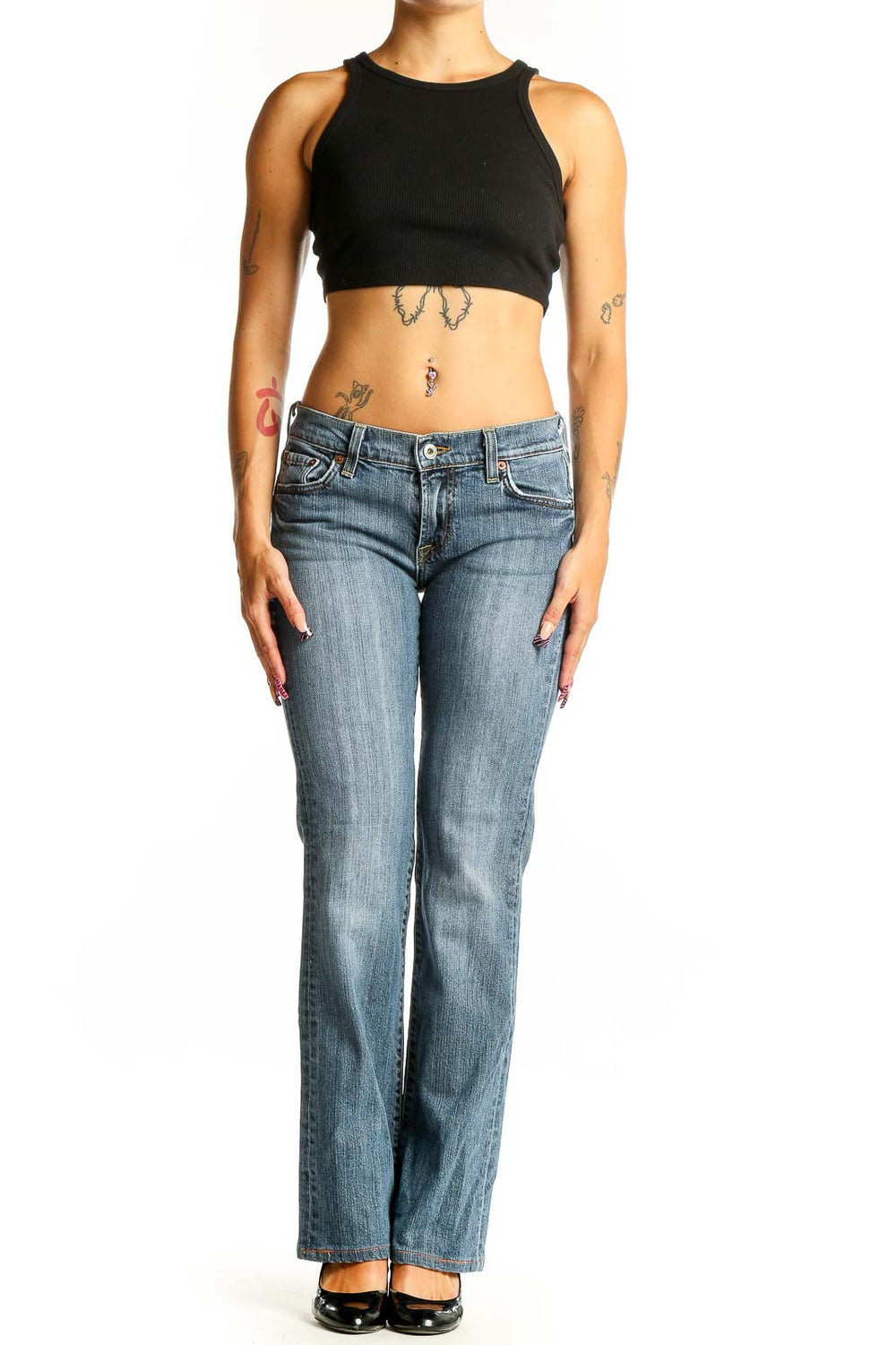 Front view of Lucky Brand blue denim bootcut jeans on model
