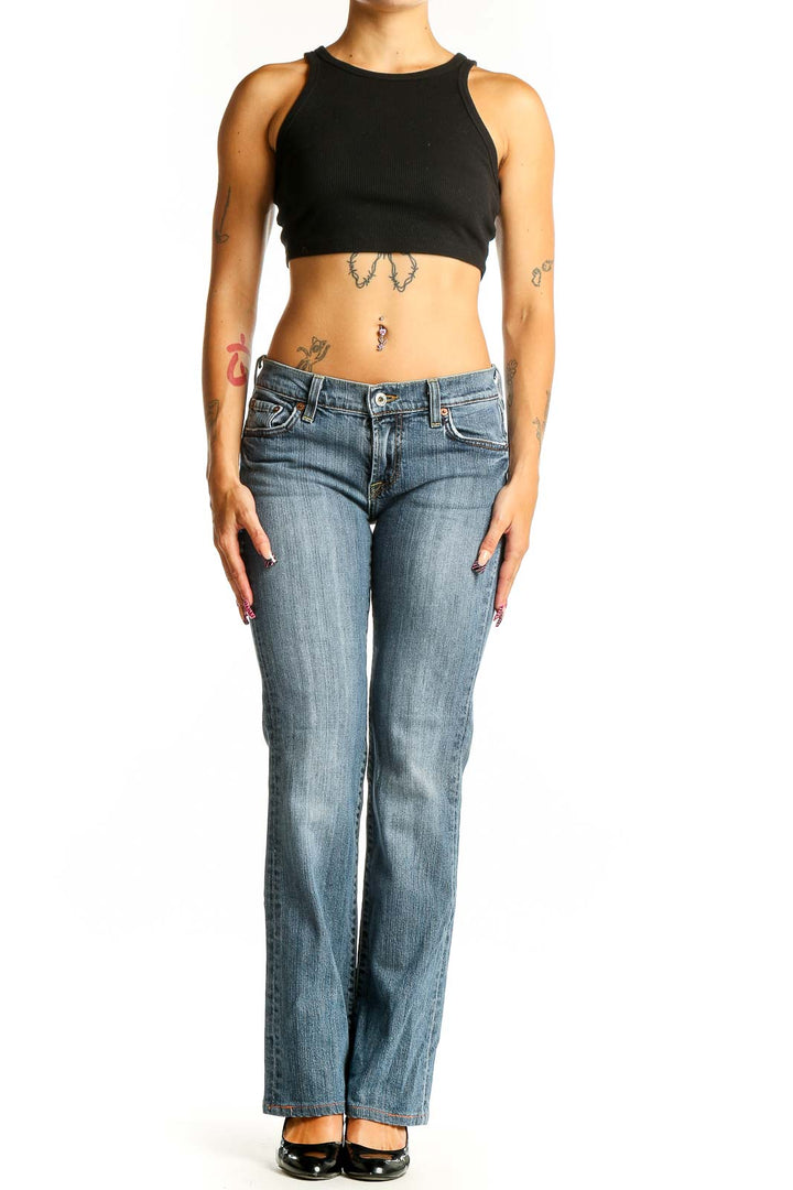 Front view of Lucky Brand blue denim bootcut jeans on model