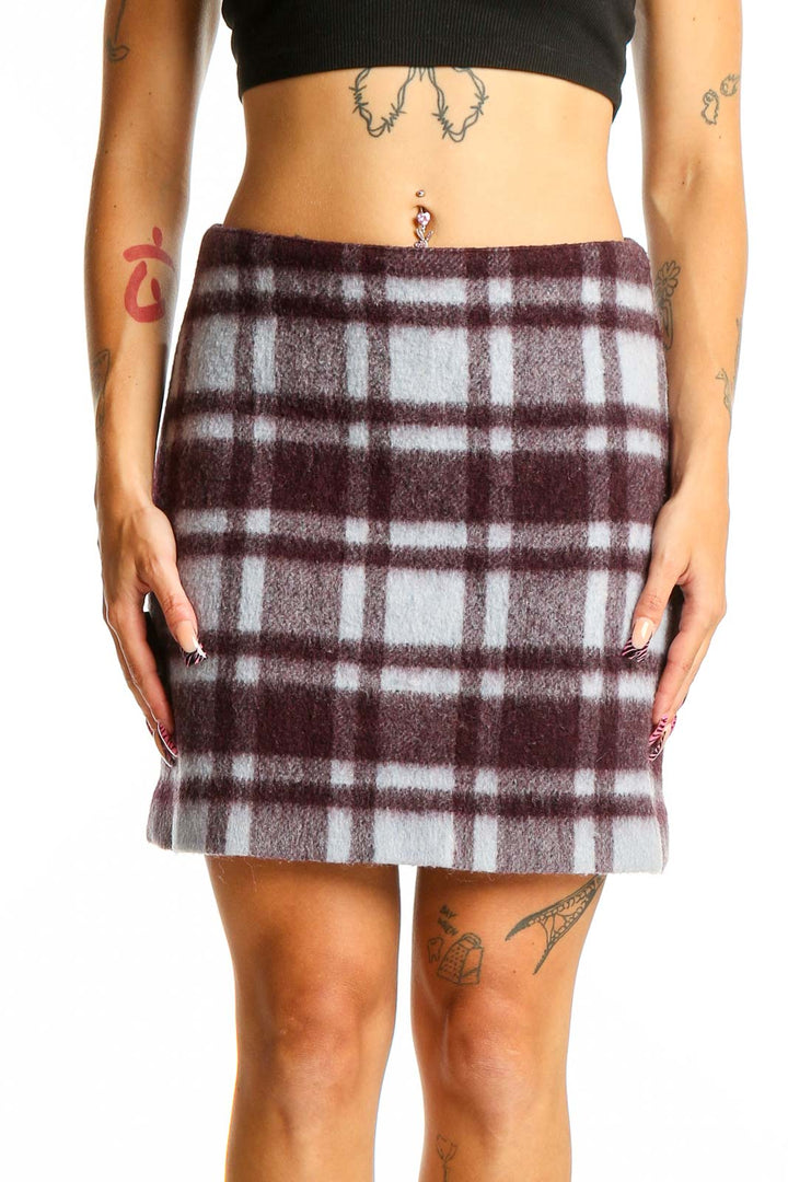 Front view of burgundy plaid wool blend mini skirt from Club Monaco