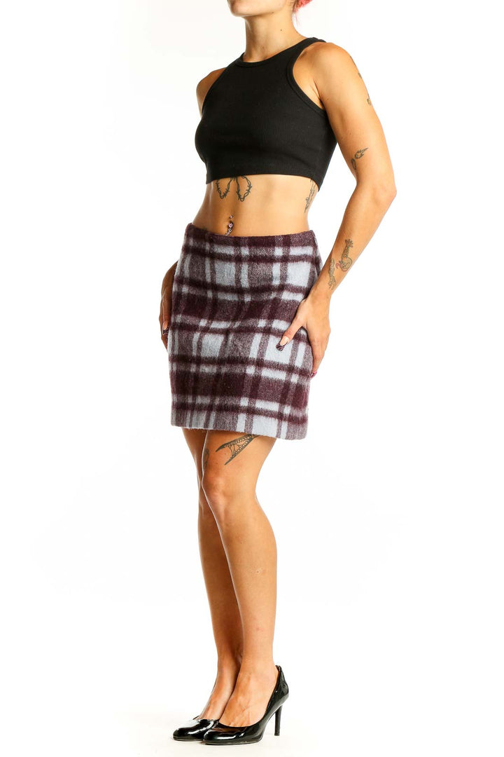Front view of burgundy plaid wool blend mini skirt from Club Monaco