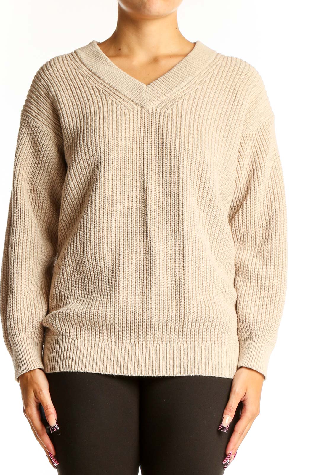 Front view of Uniqlo beige ribbed V-neck sweater on model