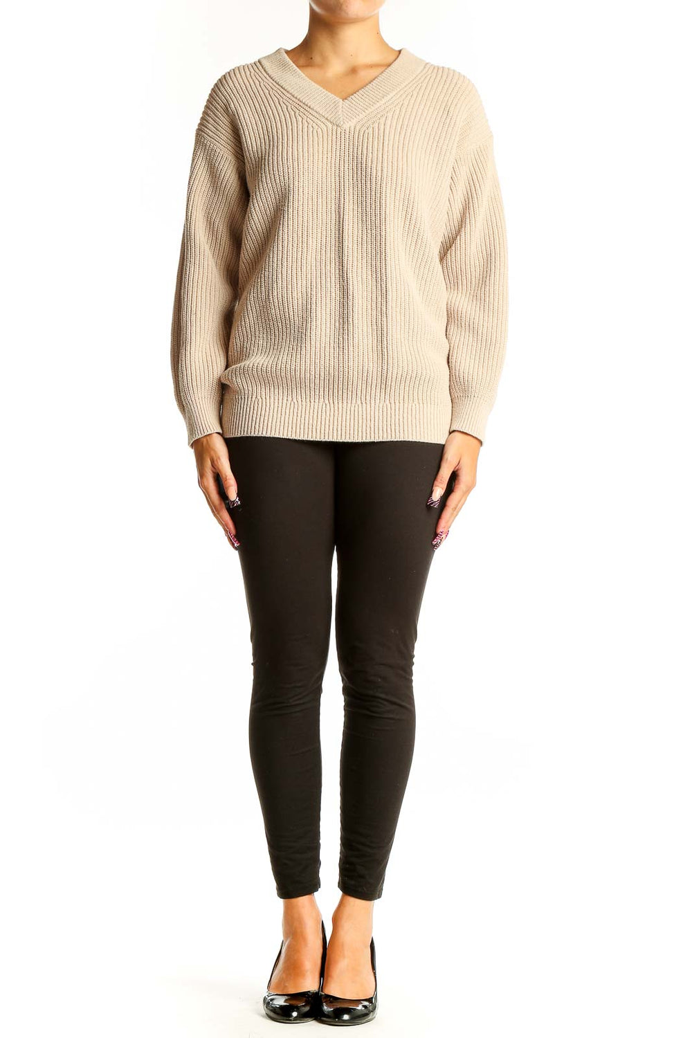 Front view of Uniqlo beige ribbed V-neck sweater on model