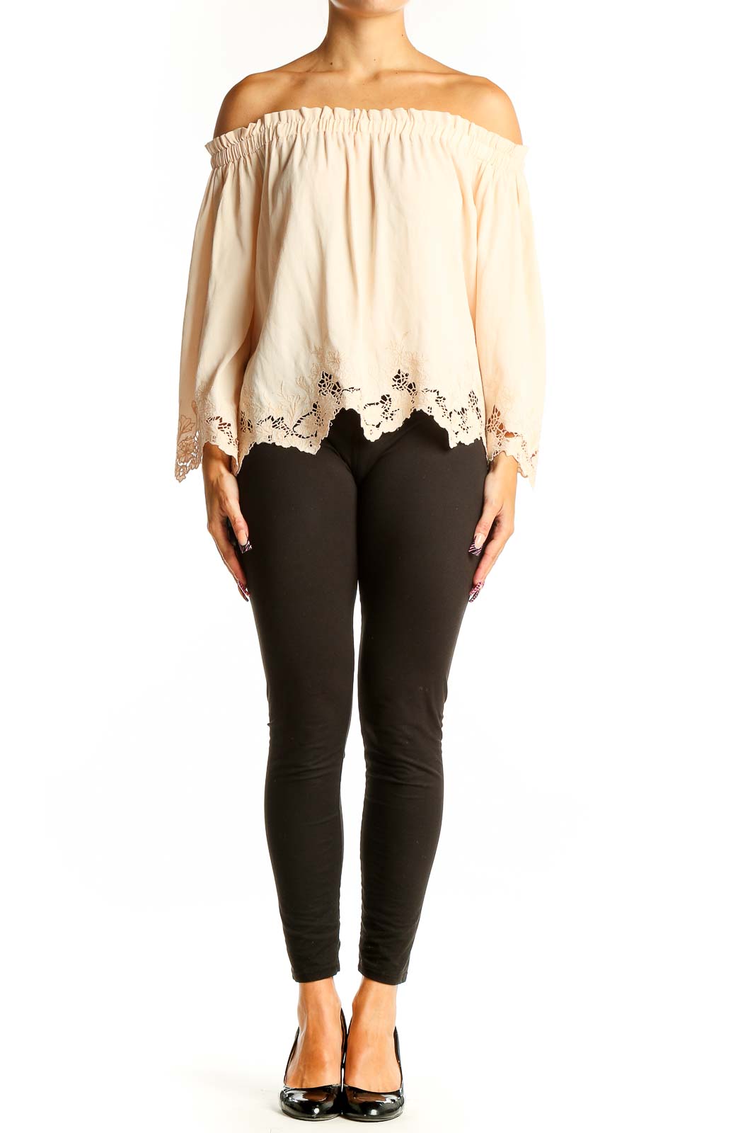 Front view of cream off-shoulder lace-trimmed blouse by ASTR