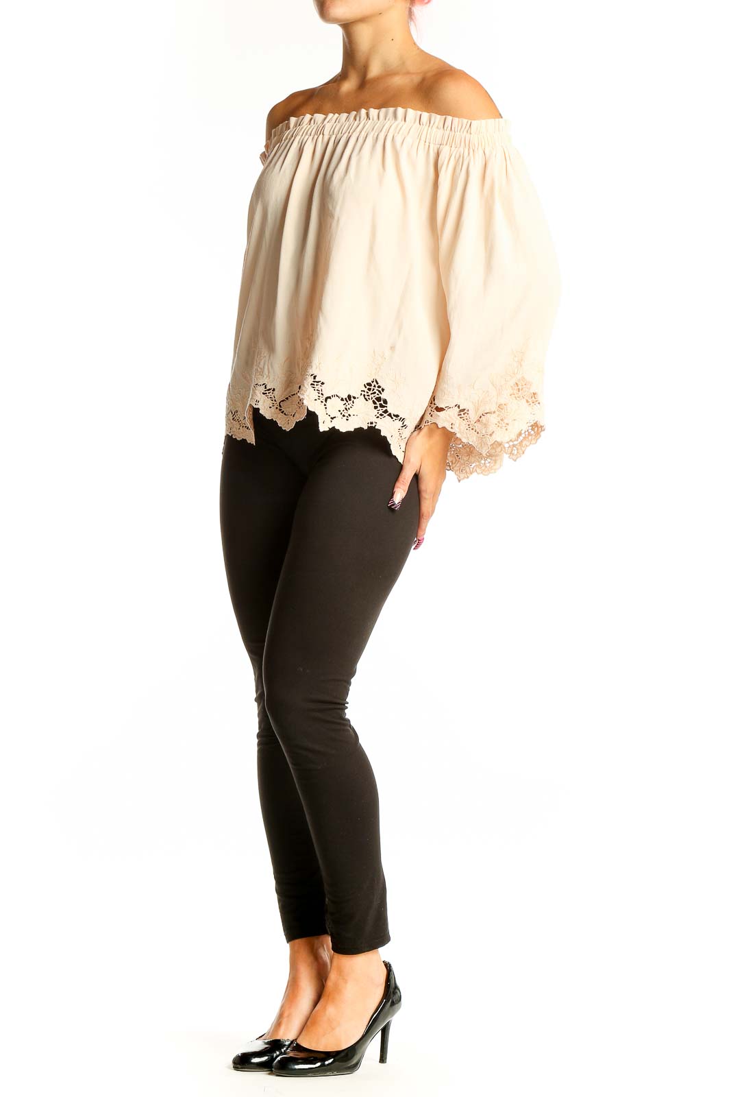 Front view of cream off-shoulder lace-trimmed blouse by ASTR