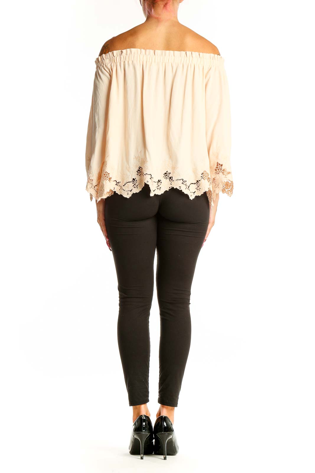 Back view of cream off-shoulder lace-trimmed blouse by ASTR